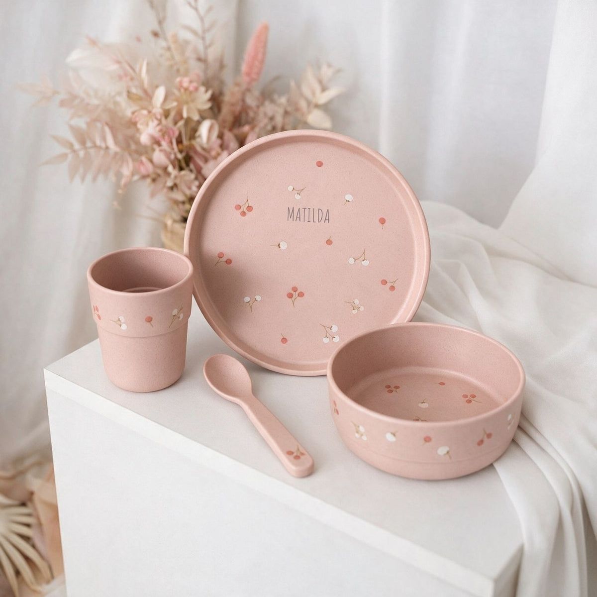 LÄSSIG Geschirr-Set personalisiert - Blüten rosa