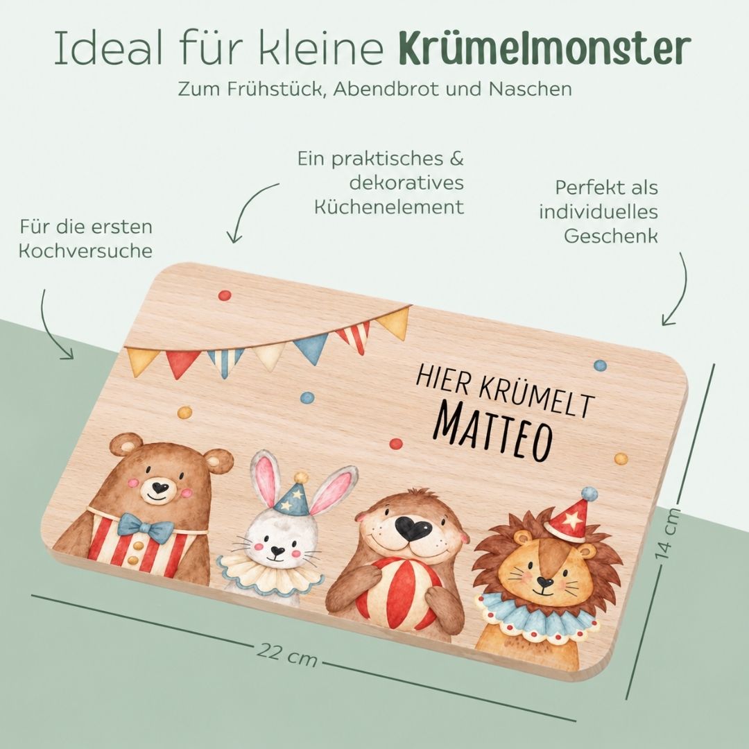 Frühstücksbrettchen personalisiert - Zirkus Tiere unten Girlande Aquarell