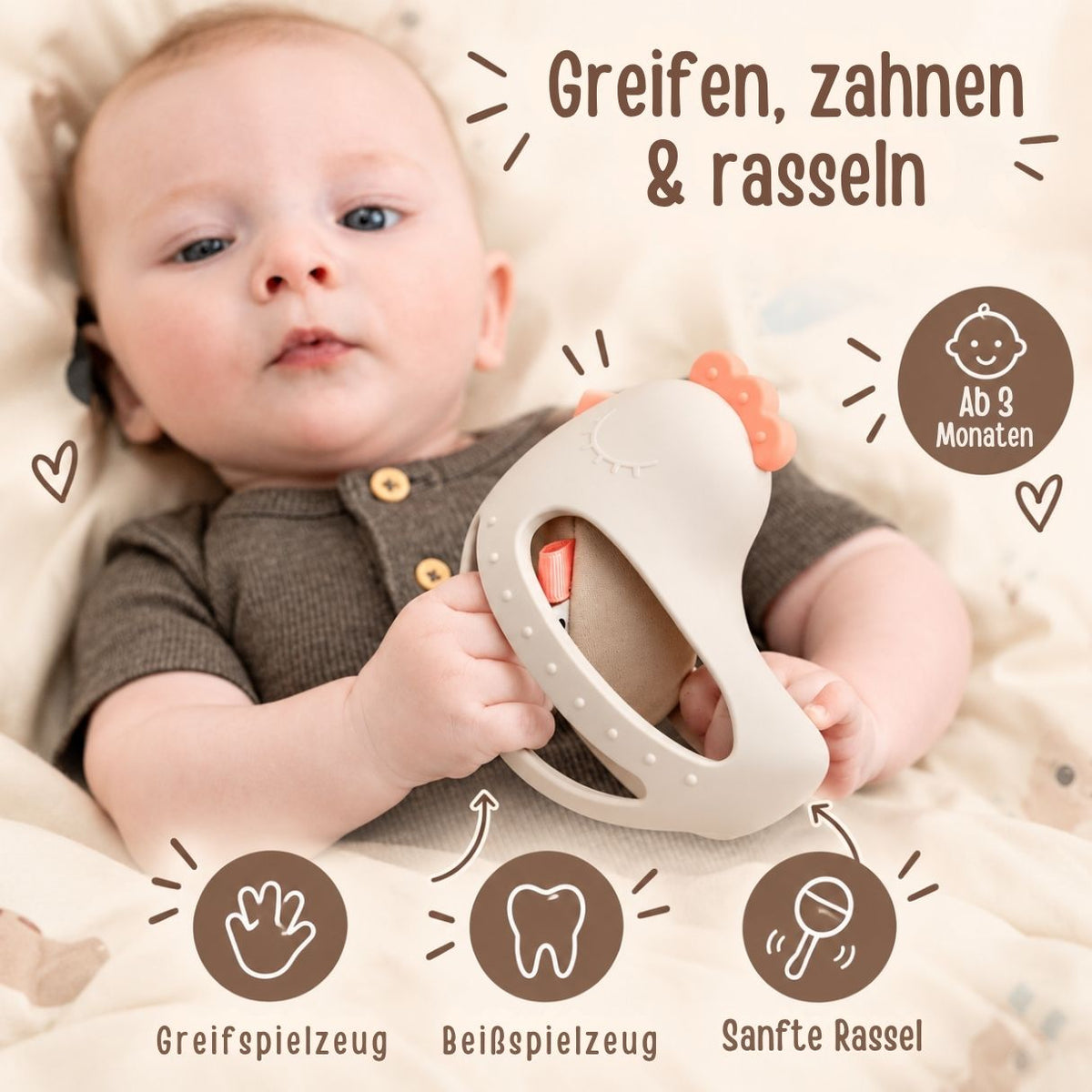 DONEBYDEER Greif- und Beißspielzeug mit Rassel - Clucky