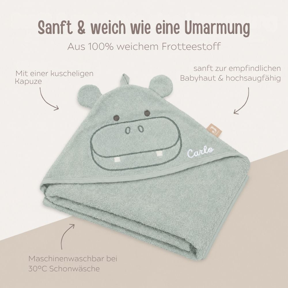 JOLLEIN Baby Kapuzenhandtuch Frottee personalisiert - Hippo, Schaf, Strauß