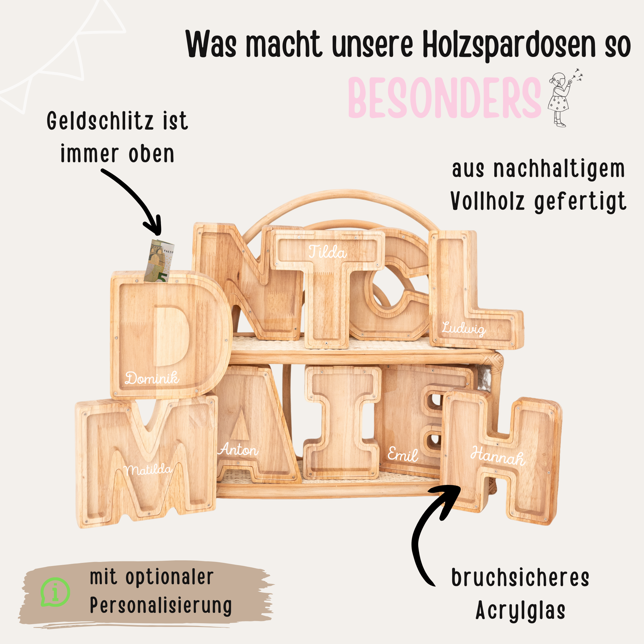 Buchstaben Spardose Holz personalisiert
