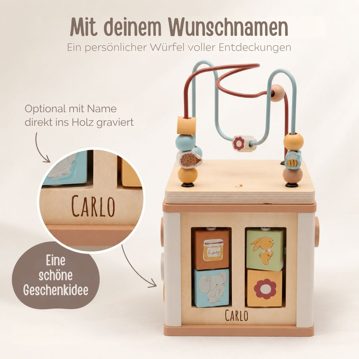 JOLLEIN Motorikwürfel aus Holz personalisiert - Tiere Jollies