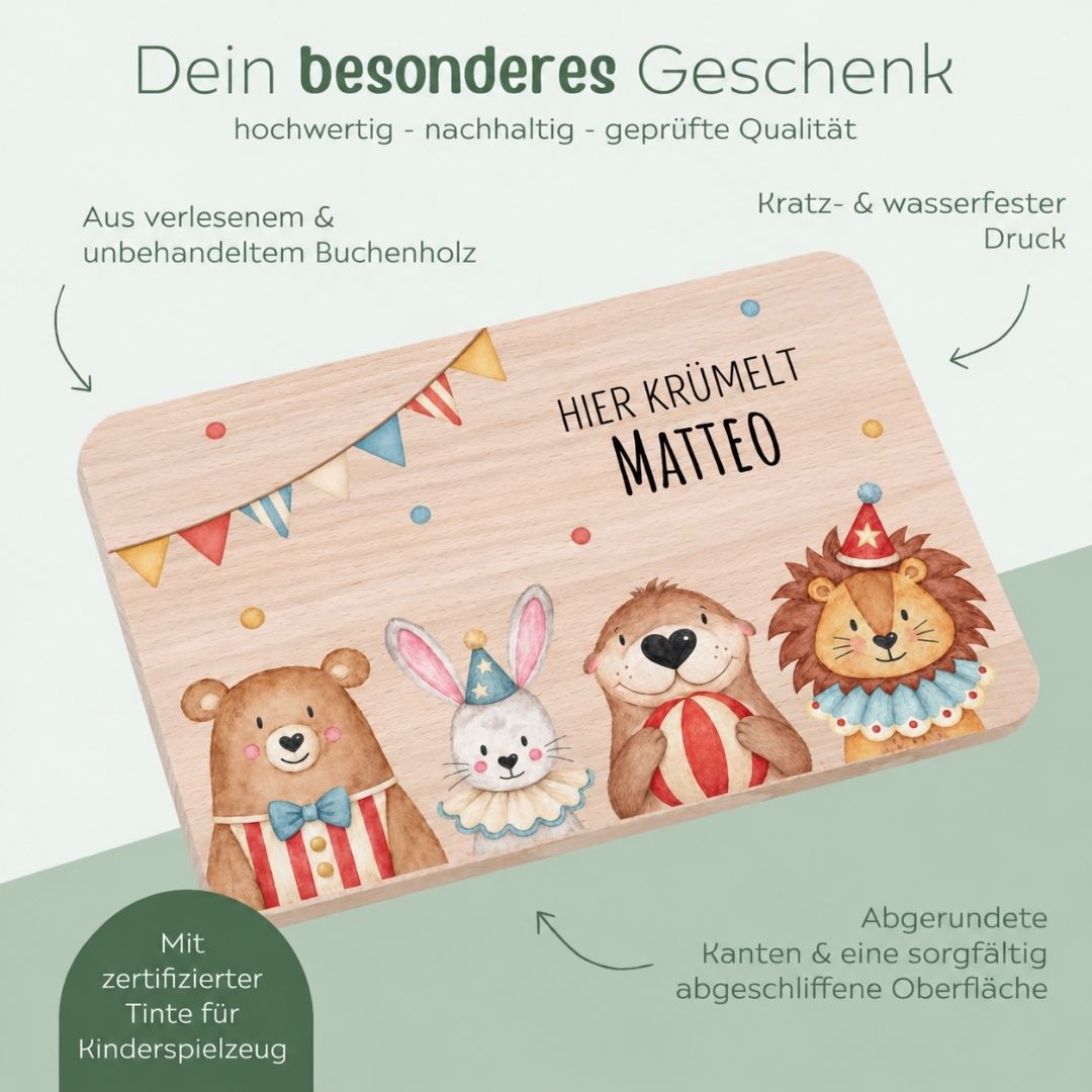 Frühstücksbrettchen personalisiert - Zirkus Tiere unten Girlande Aquarell