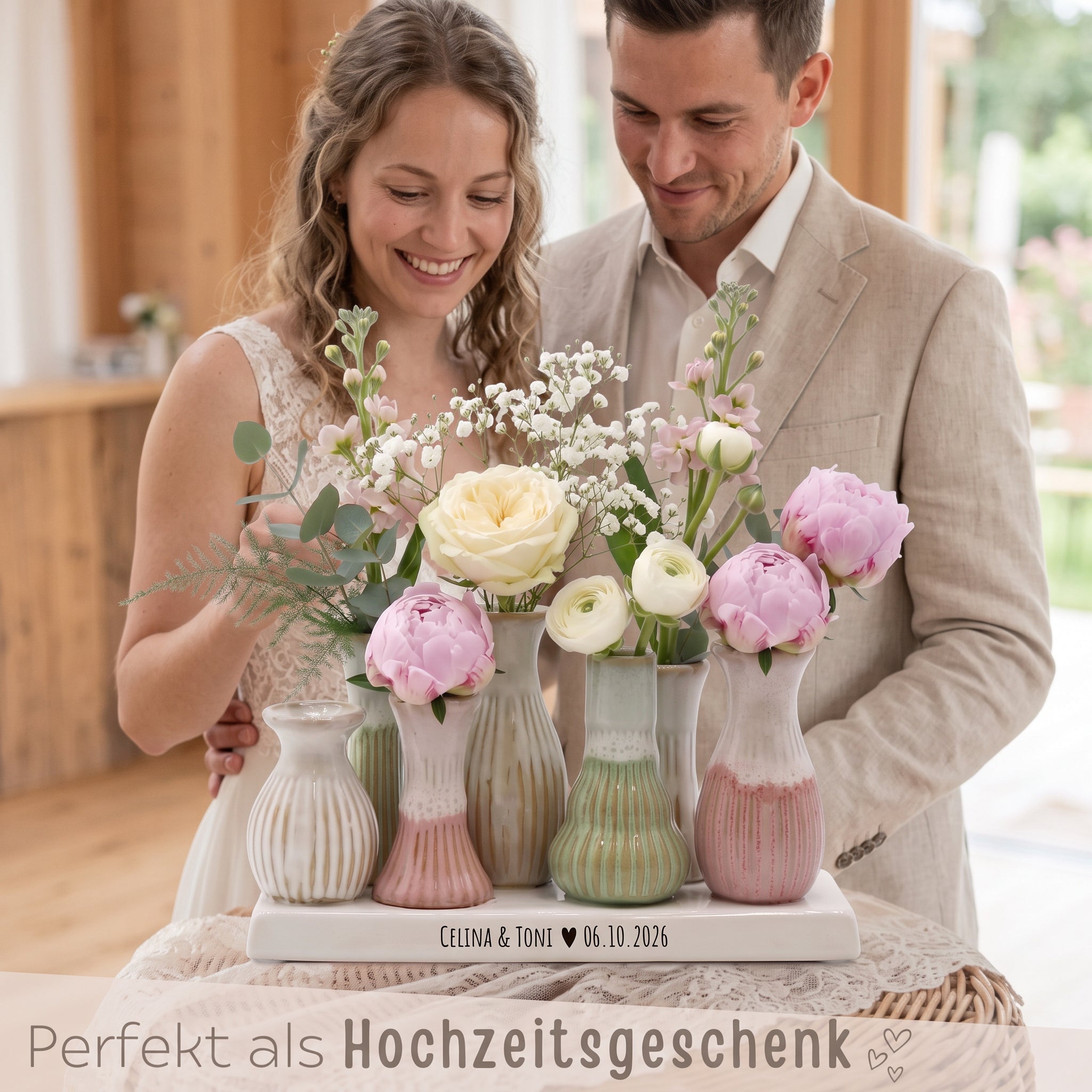 7 Väschen auf Tablett - Namen Datum - wunderwunsch