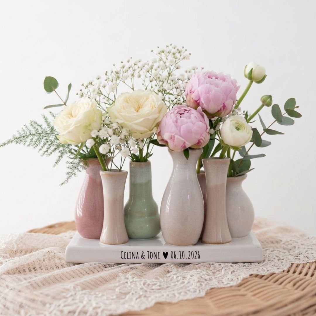 7 Väschen auf Tablett - Namen Datum - wunderwunsch