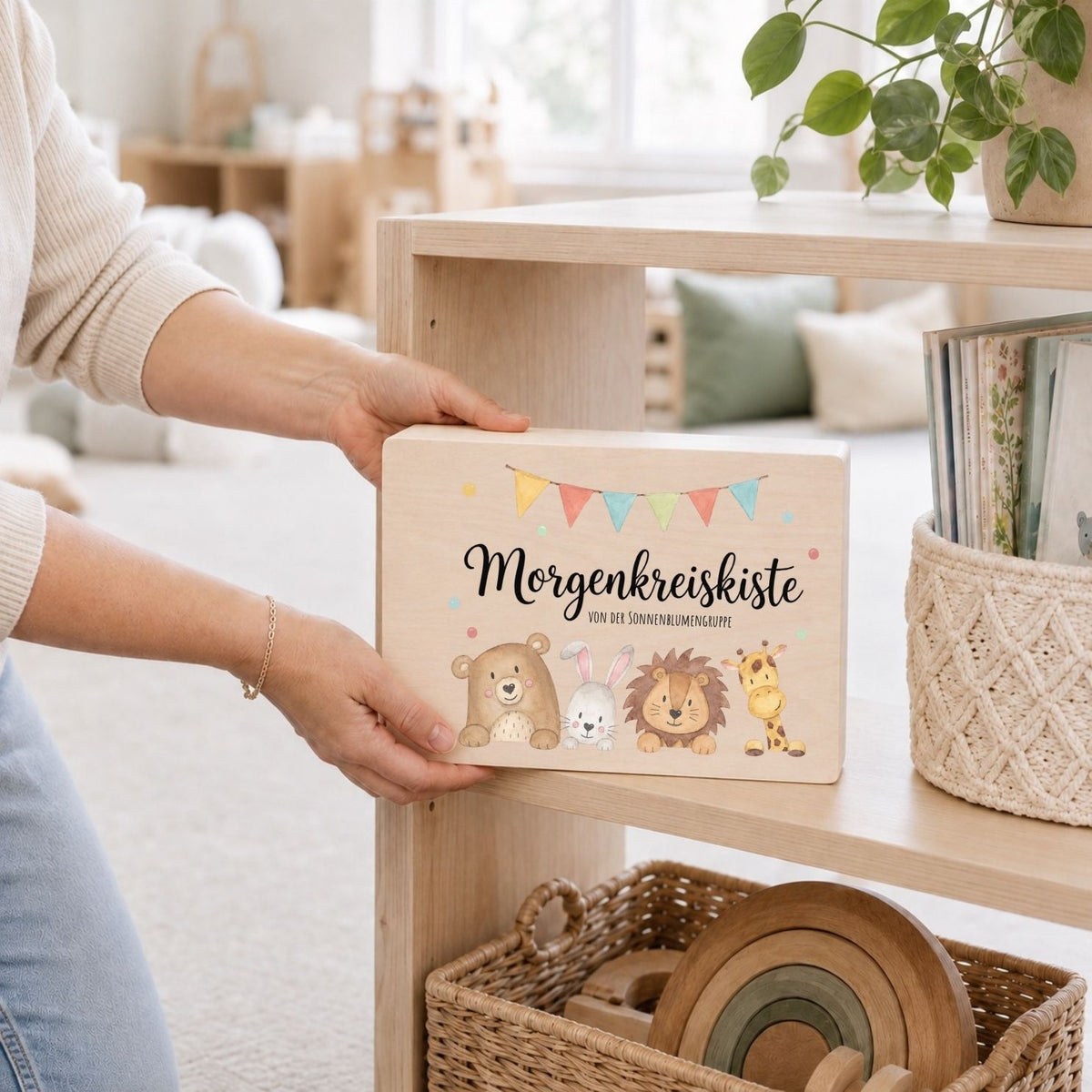 Morgenkreiskiste mit Wunschname – Tiere Aquarell