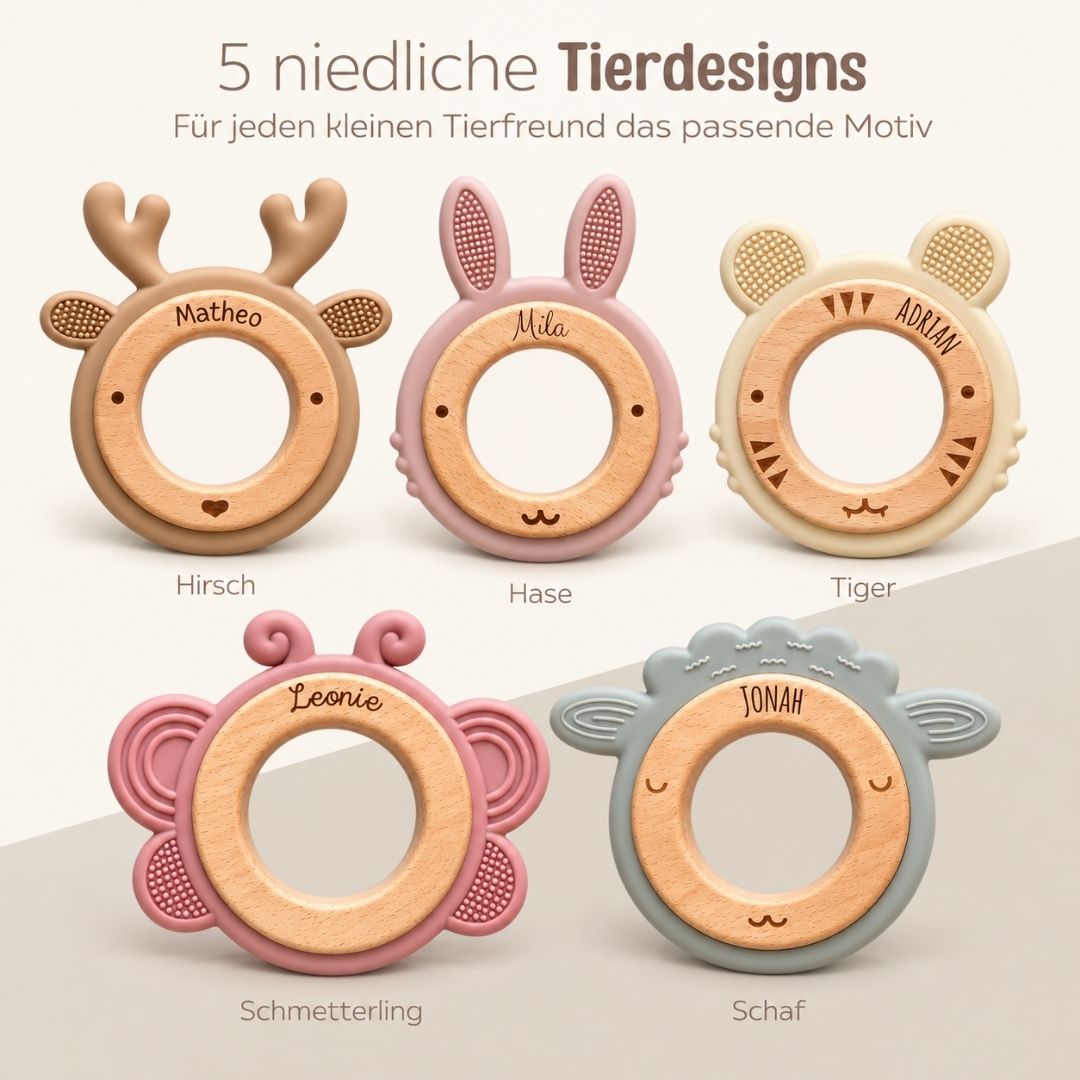 Beißring aus Holz & Silikon personalisiert - Tier
