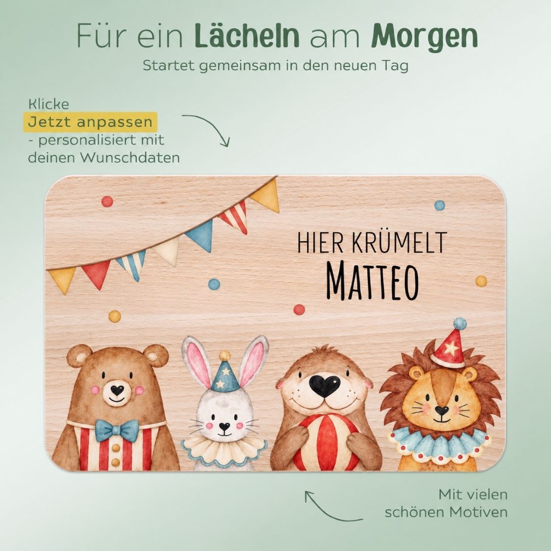 Frühstücksbrettchen personalisiert - Zirkus Tiere unten Girlande Aquarell