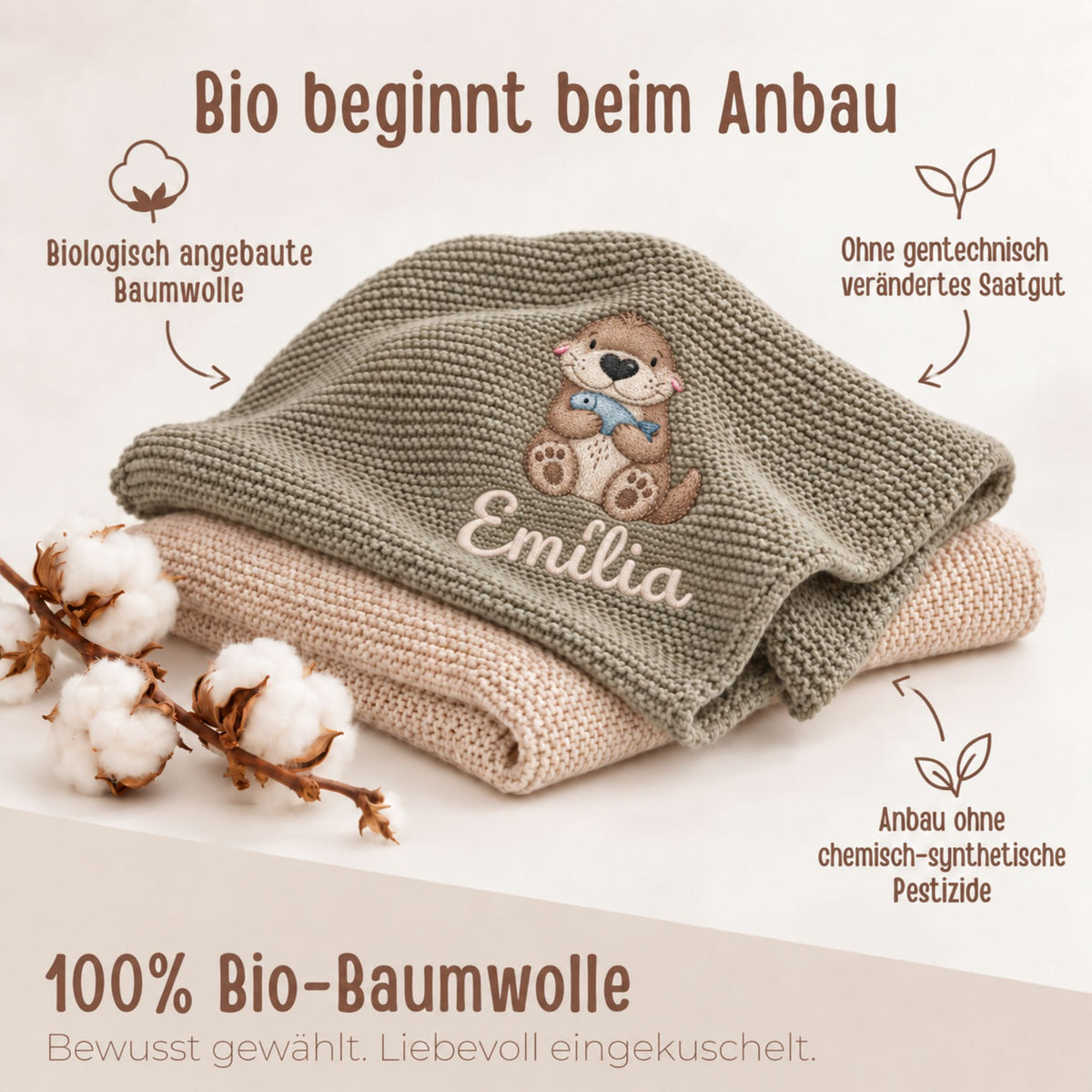Baby Strickdecke aus 100% Bio-Baumwolle personalisiert - Otter mit Fisch