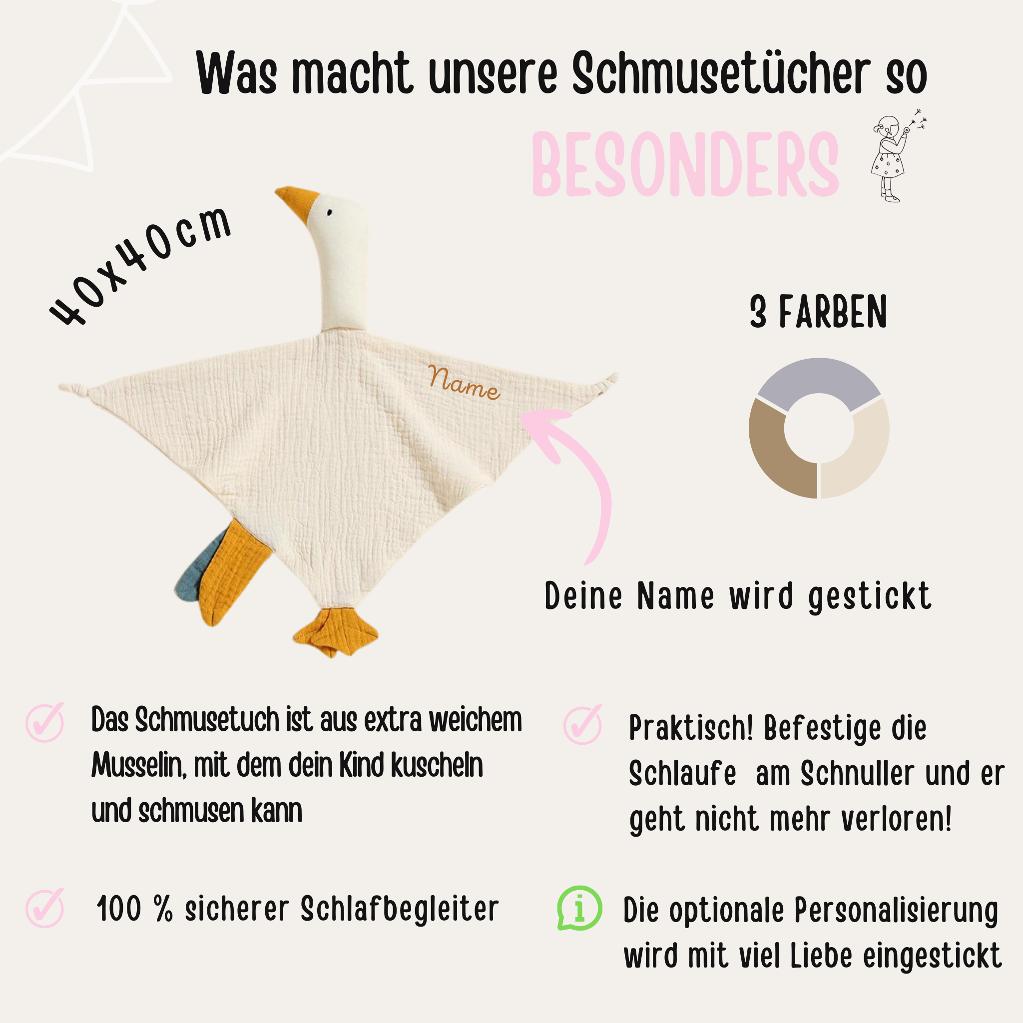 Schmusetuch Gans - weiß, beige oder hellblau
