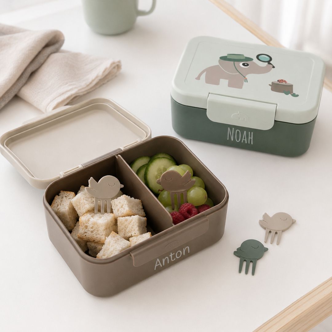 DONEBYDEER Snackbox klein mit Snack Gabeln personalisiert - Tiny Trails