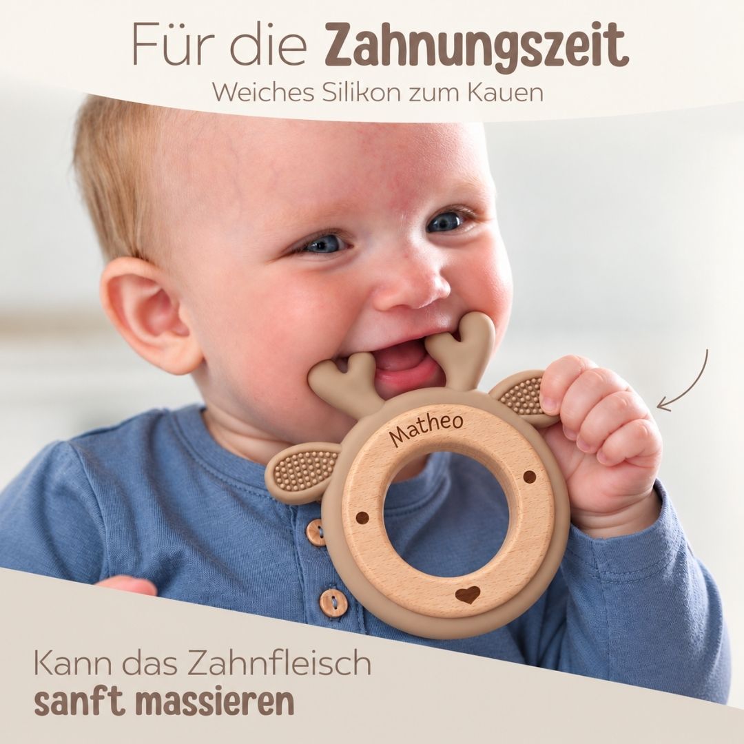 Beißring aus Holz & Silikon personalisiert - Tier