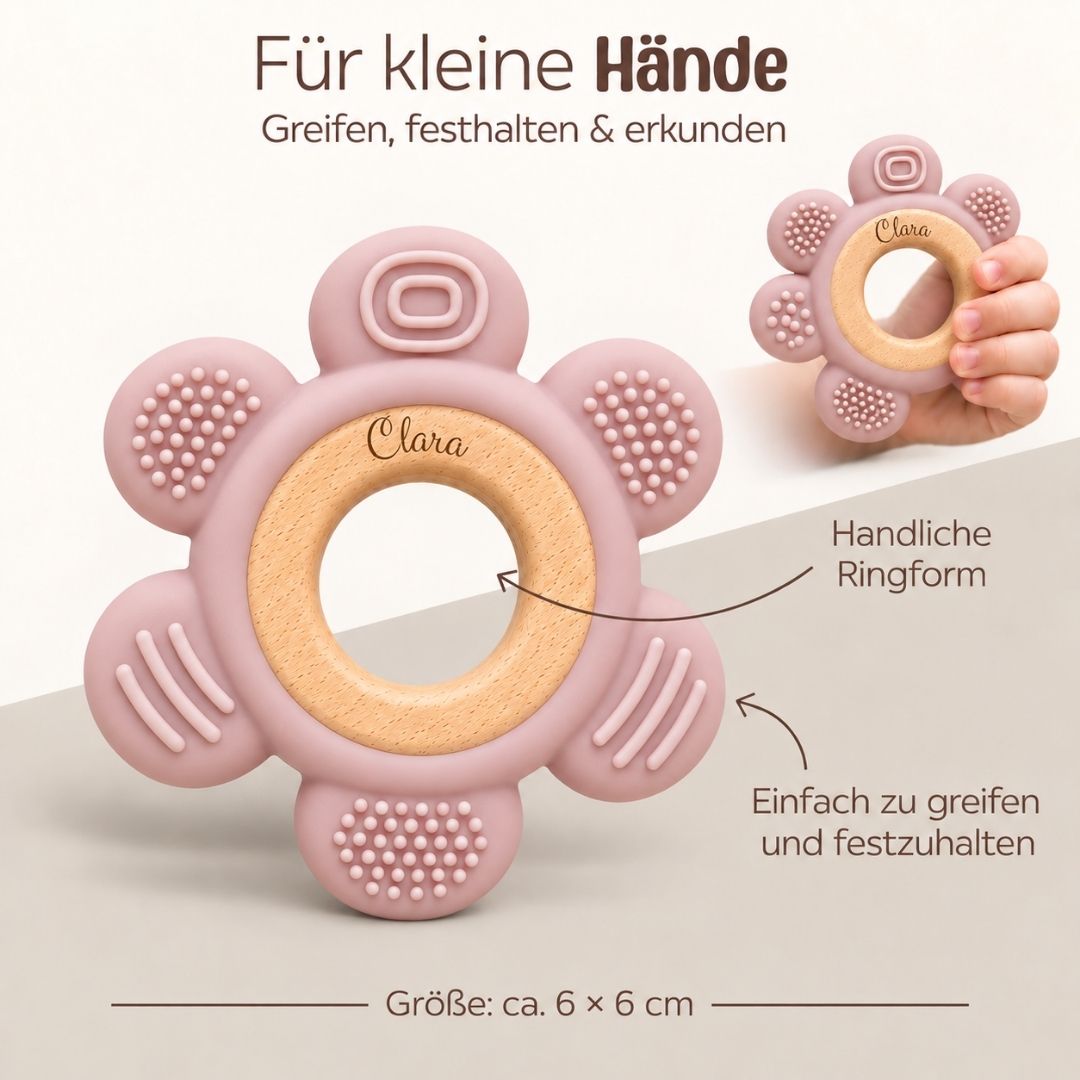 Beißring aus Holz & Silikon personalisiert - Blume