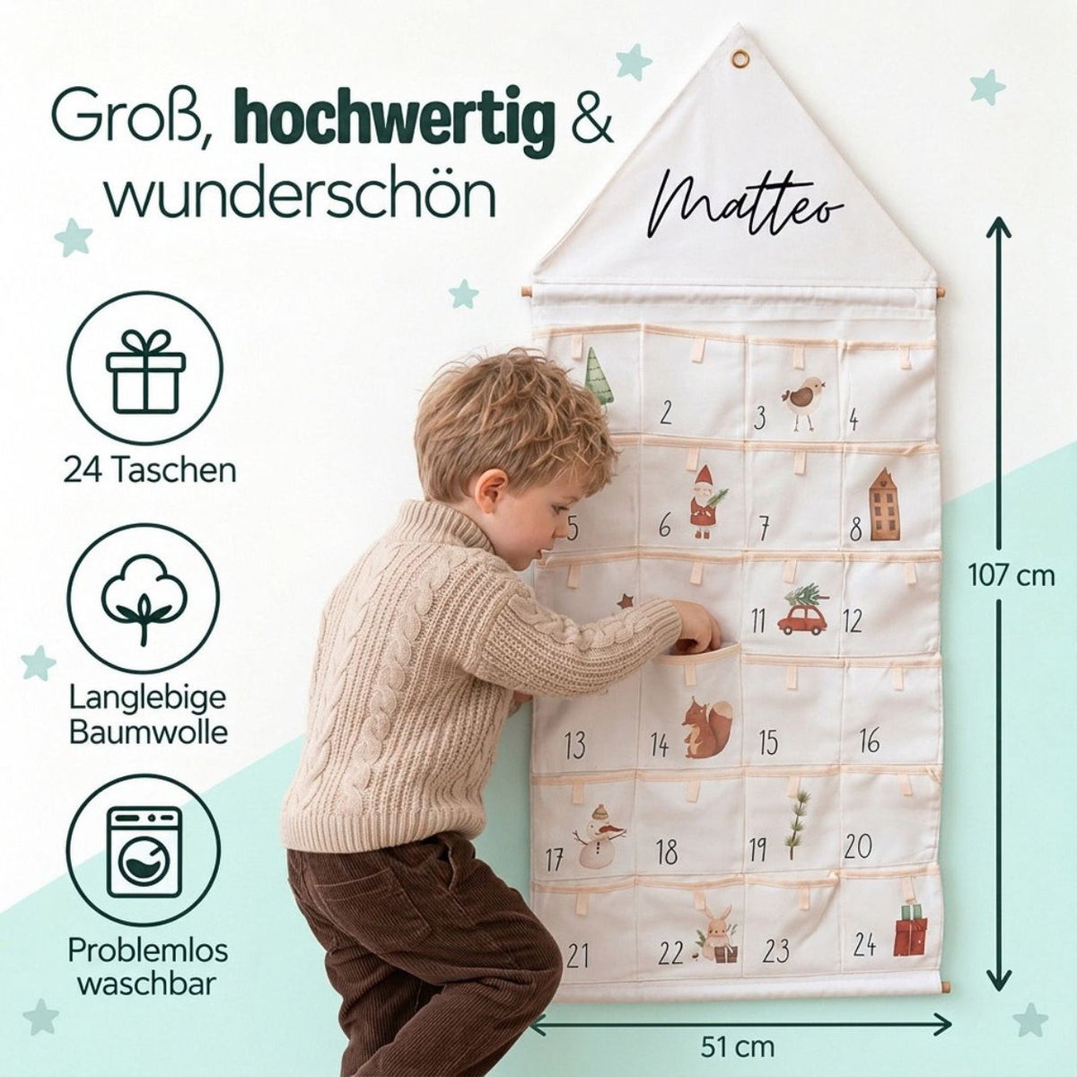 Stoff Adventskalender Haus personalisiert - Neutral
