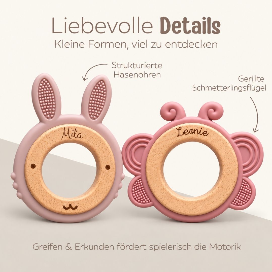 Beißring aus Holz & Silikon personalisiert - Tier