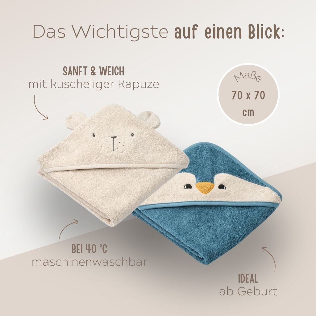 LIEWOOD Kapuzenhandtuch Pinguin oder Eisbär personalisierbar