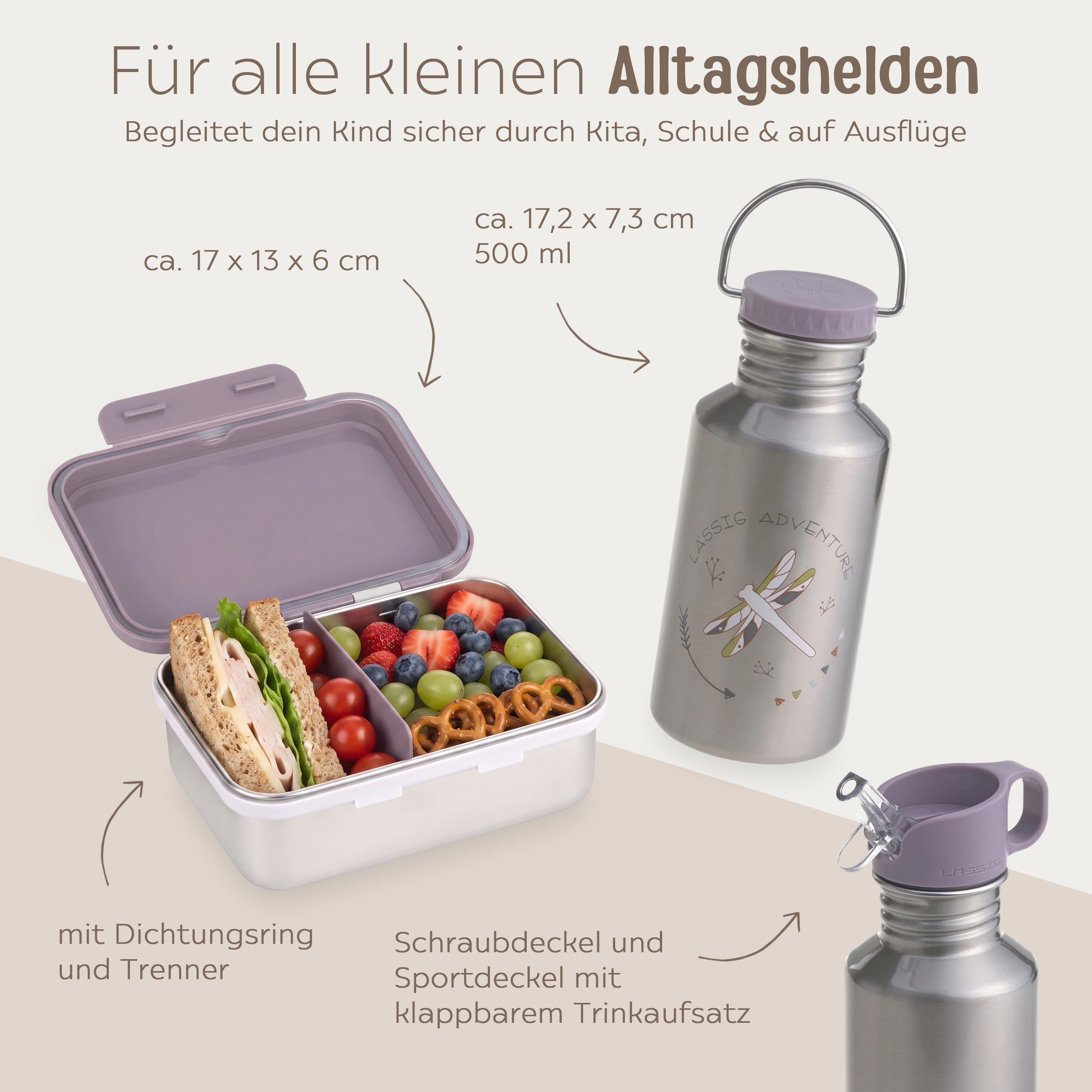 LÄSSIG Lunch-Set - Brotdose & Trinkflasche - Libelle lila
