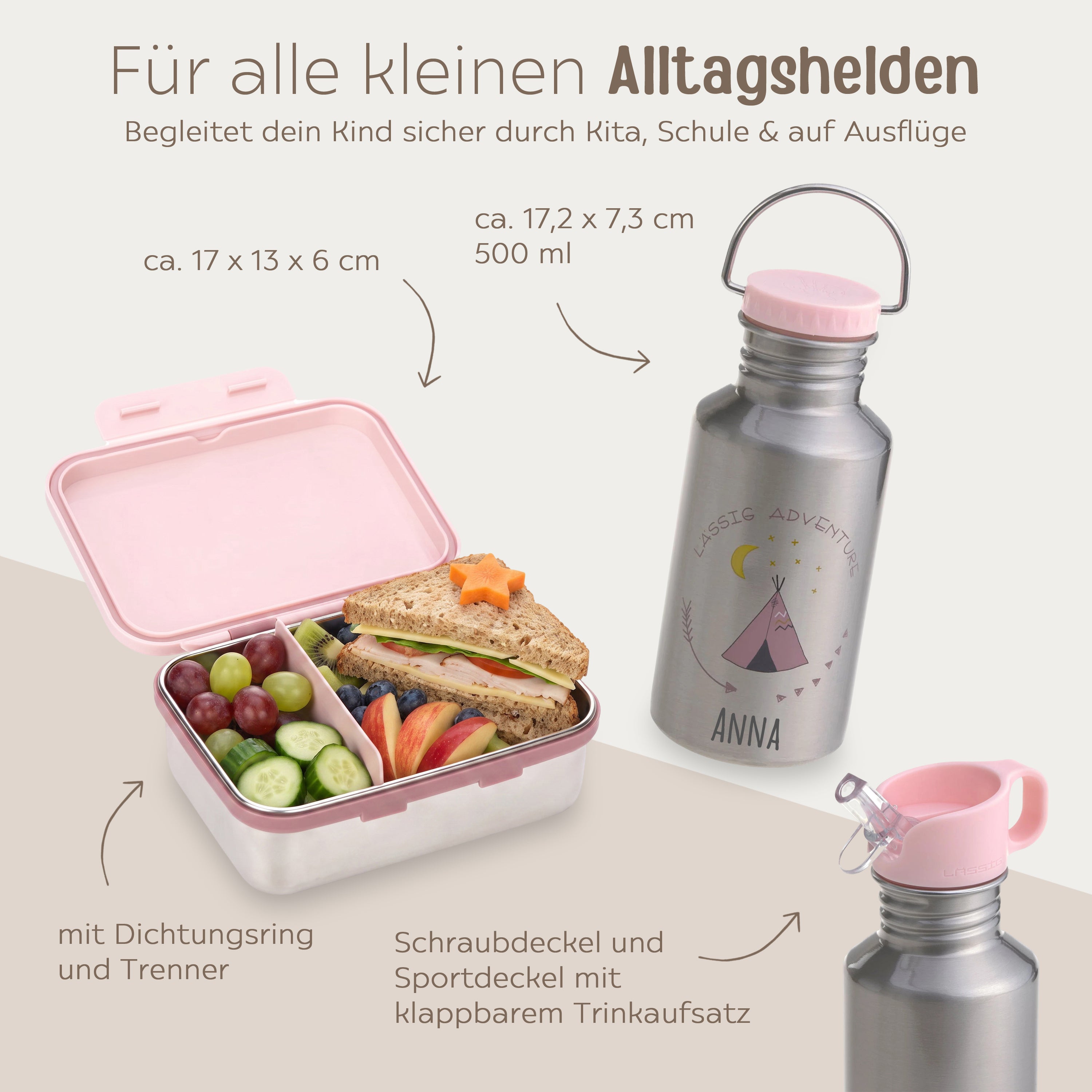 LÄSSIG Lunch-Set - Brotdose & Trinkflasche - Tipi rosa