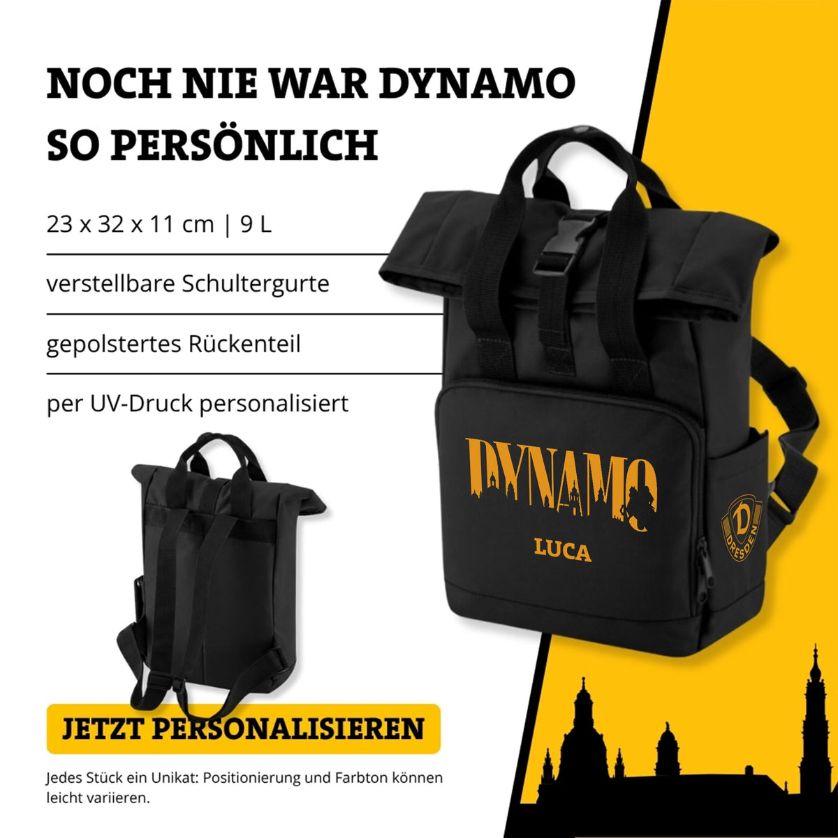 DYNAMO Schwarzer Rucksack Skyline personalisiert