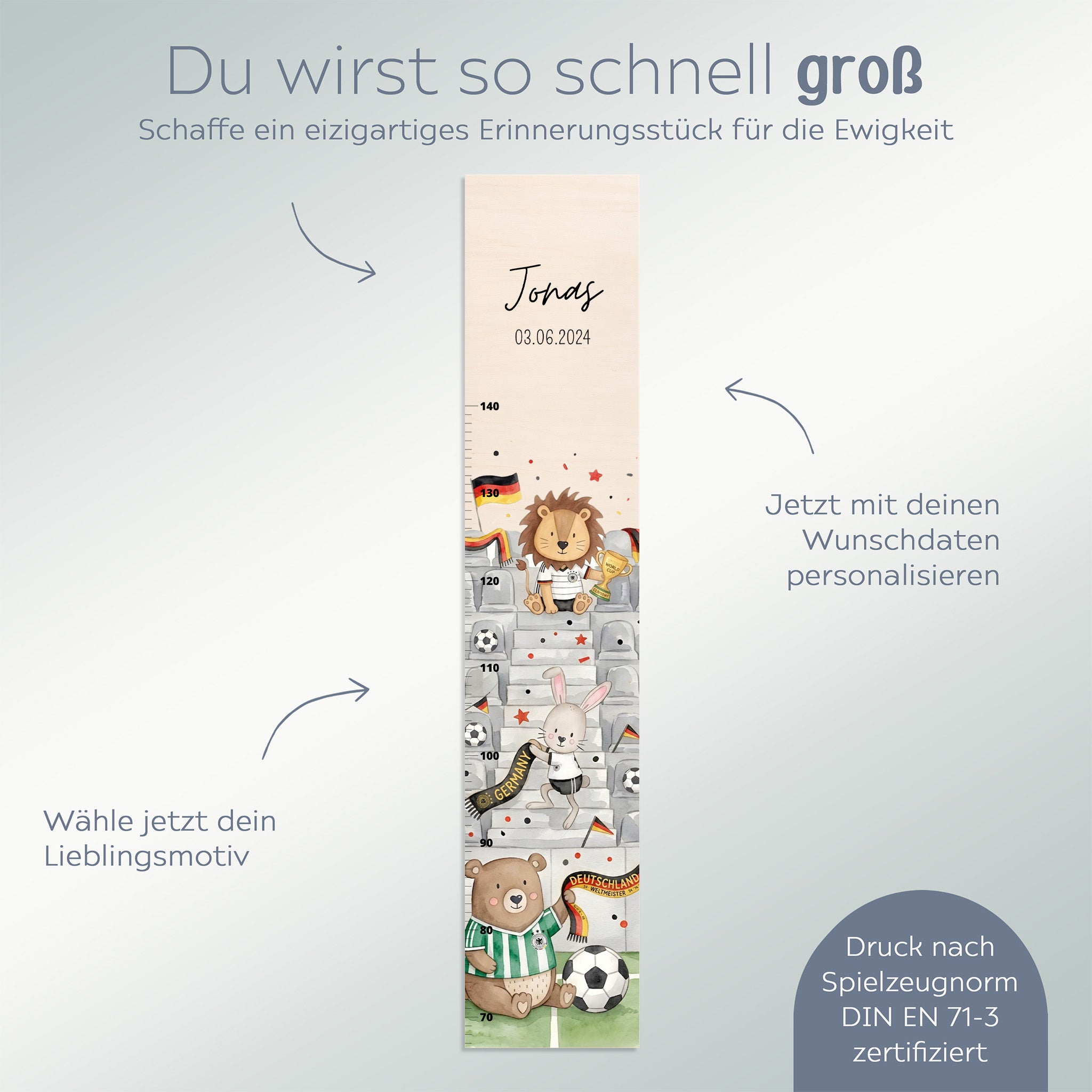 Kindermesslatte Holz personalisiert - WM-Kollektion