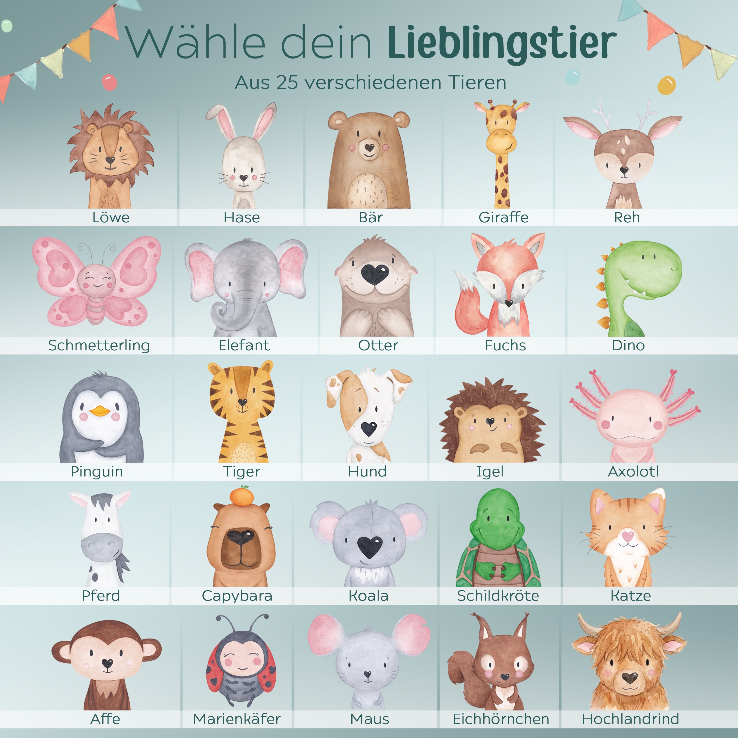 Kinder Trinkflasche weiß mit Trinkhalm personalisiert - Tier Girlande Aquarell