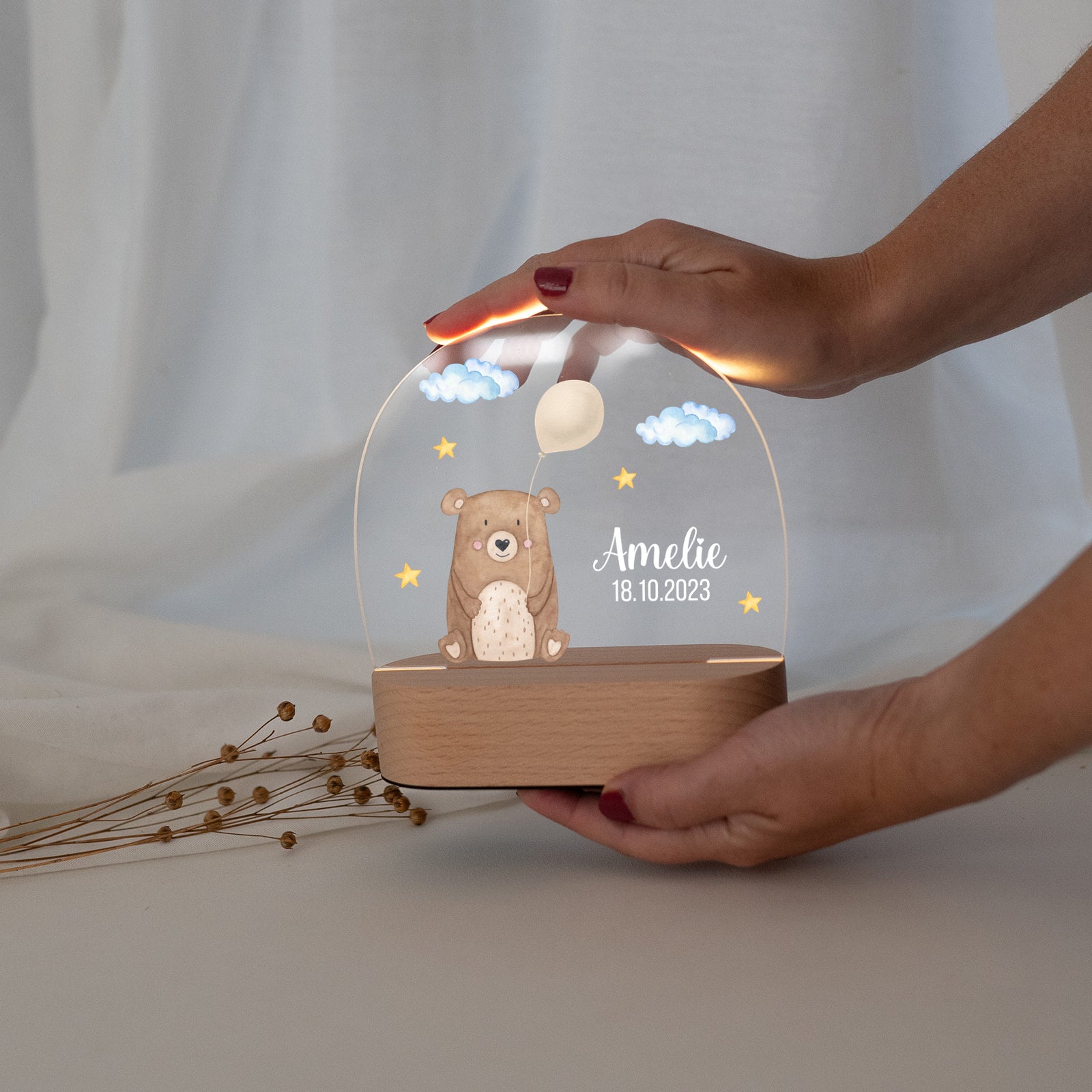 LED Nachtlicht Kinder personalisiert - Bär mit Luftballon Aquarell