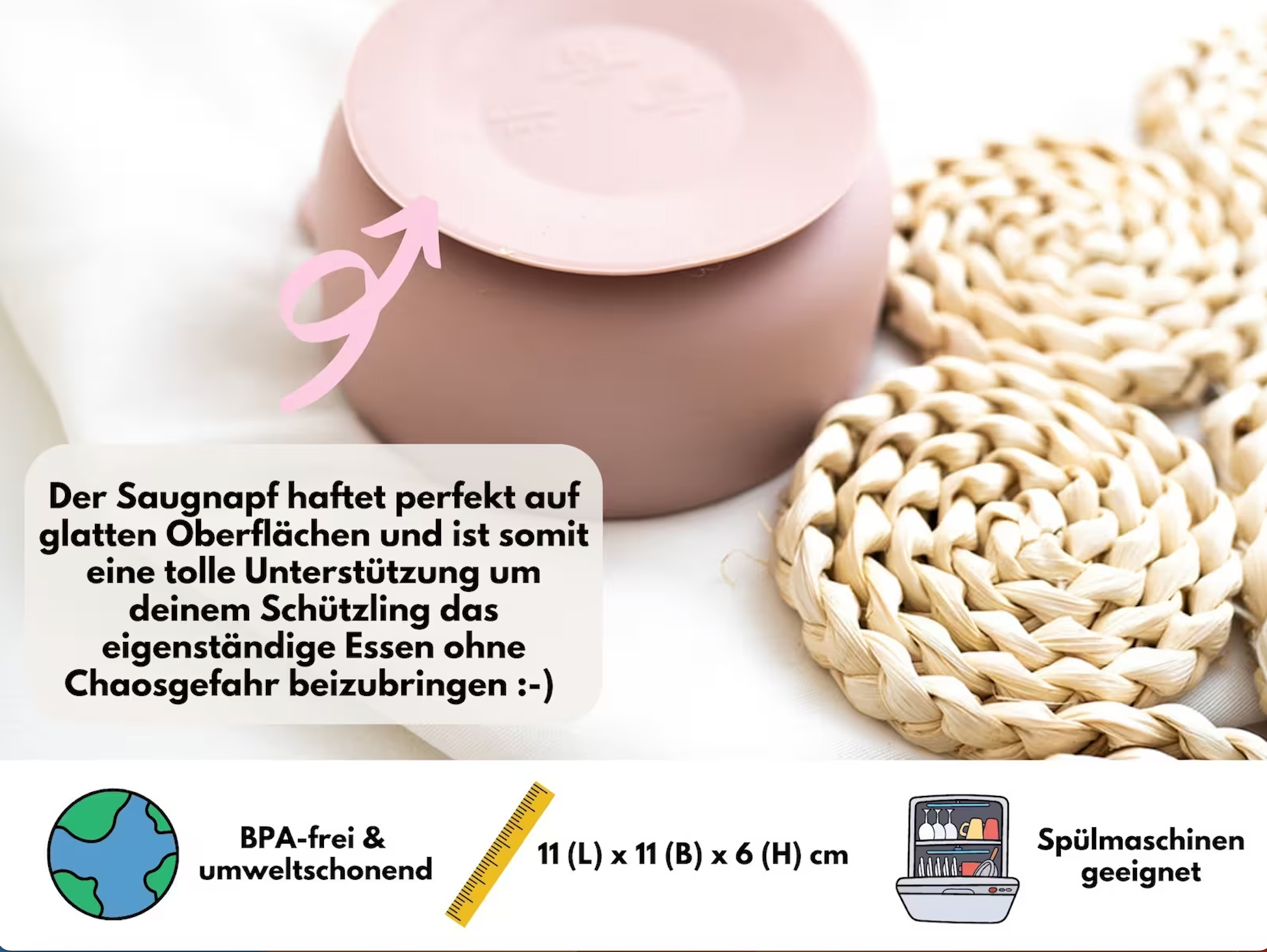 Silikon Kinderschüssel mit Saugnapf + Besteck - beige, rosa, grau
