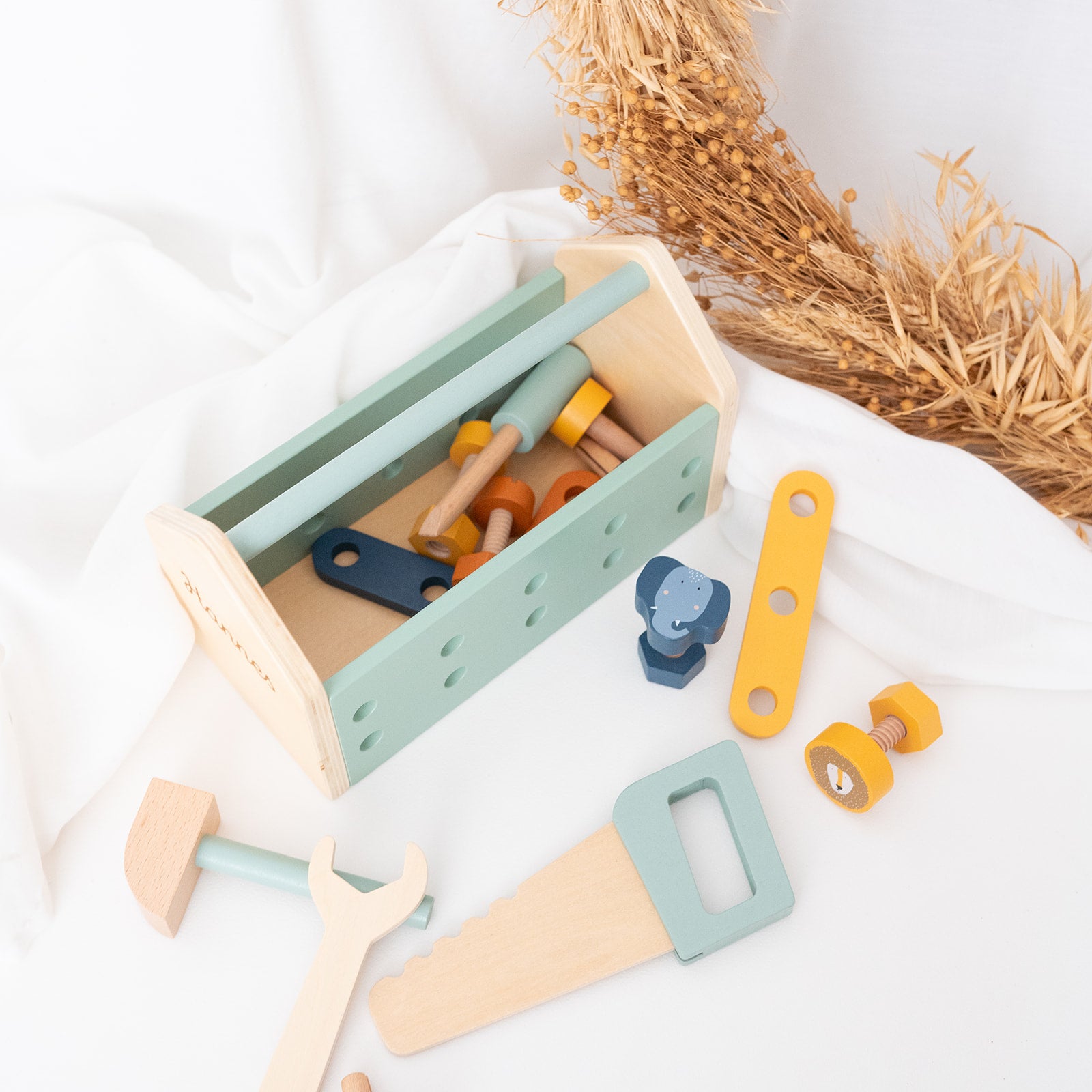 Werkzeugkasten Tiere Holz Pastellgrün personalisiert