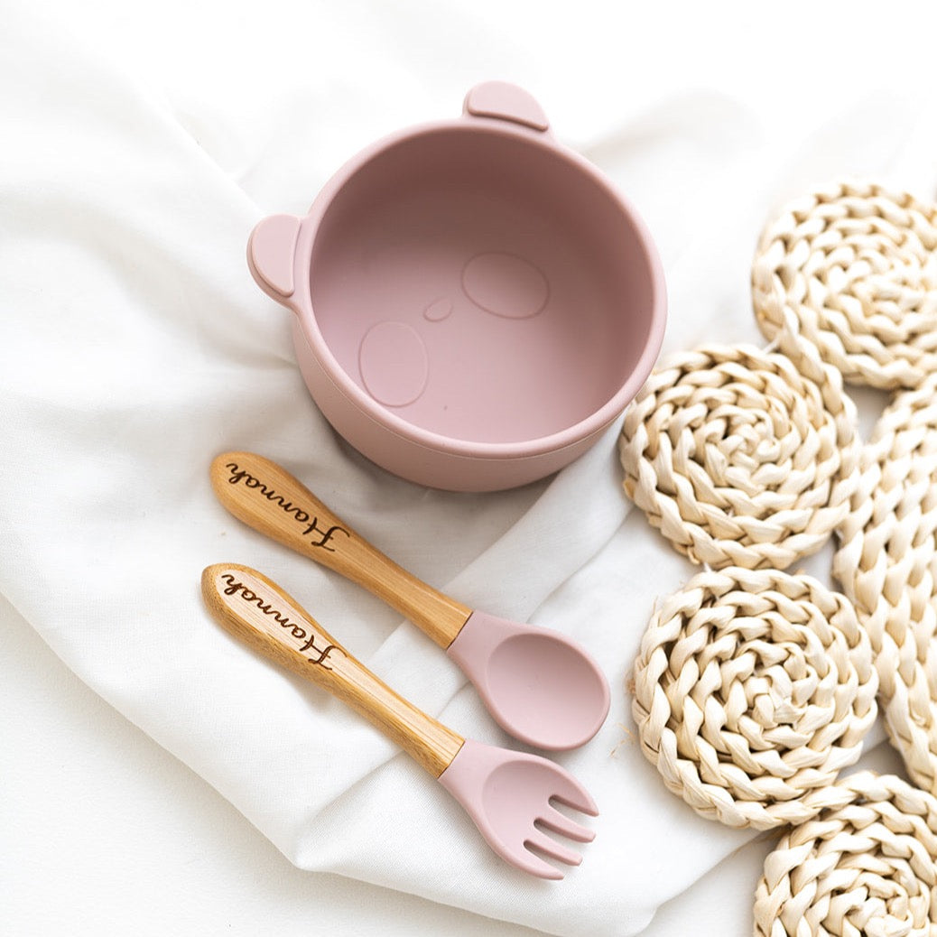 Silikon Kinderschüssel mit Saugnapf + Besteck - beige, rosa, grau