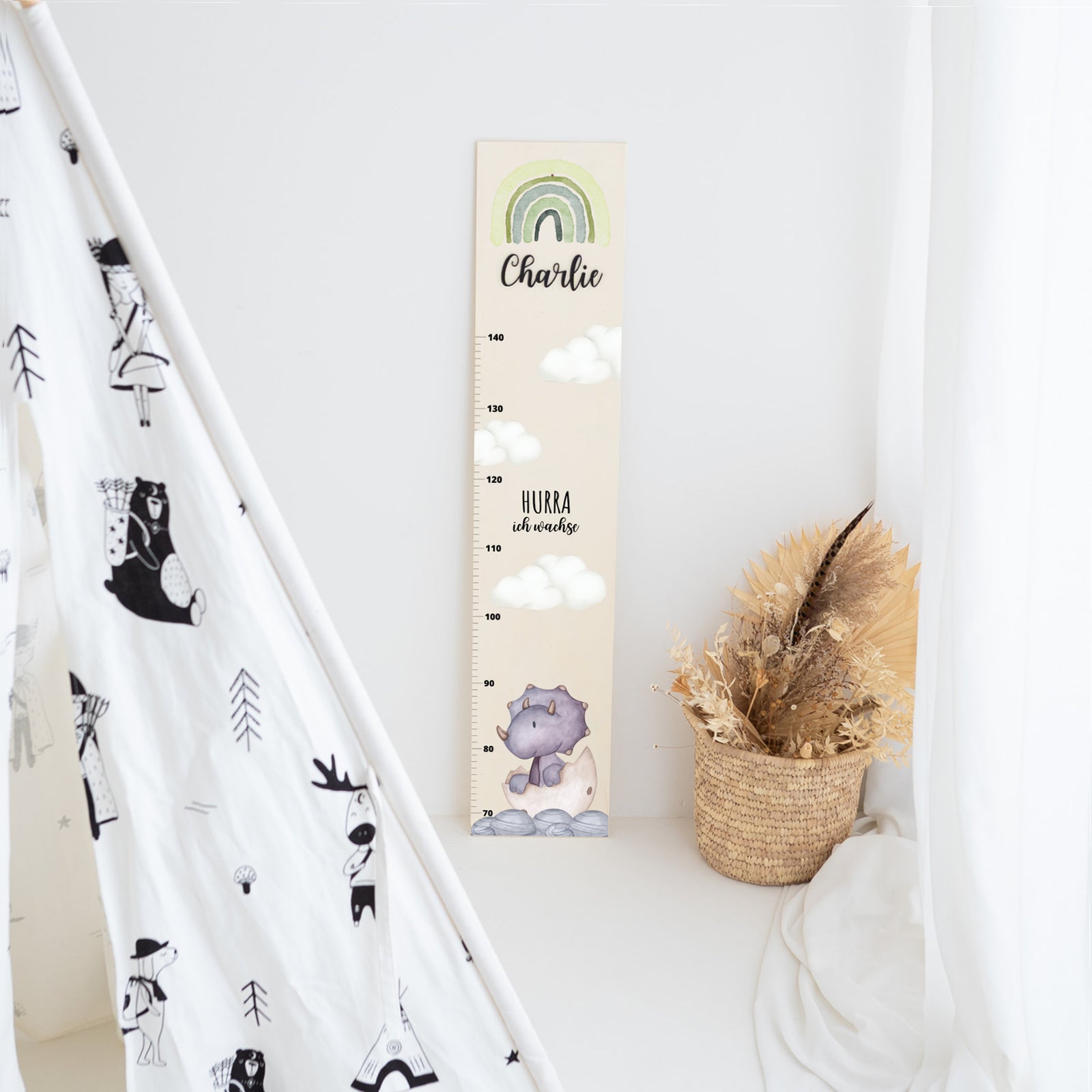 Kindermesslatte Holz personalisiert - Dinosaurier Aquarell