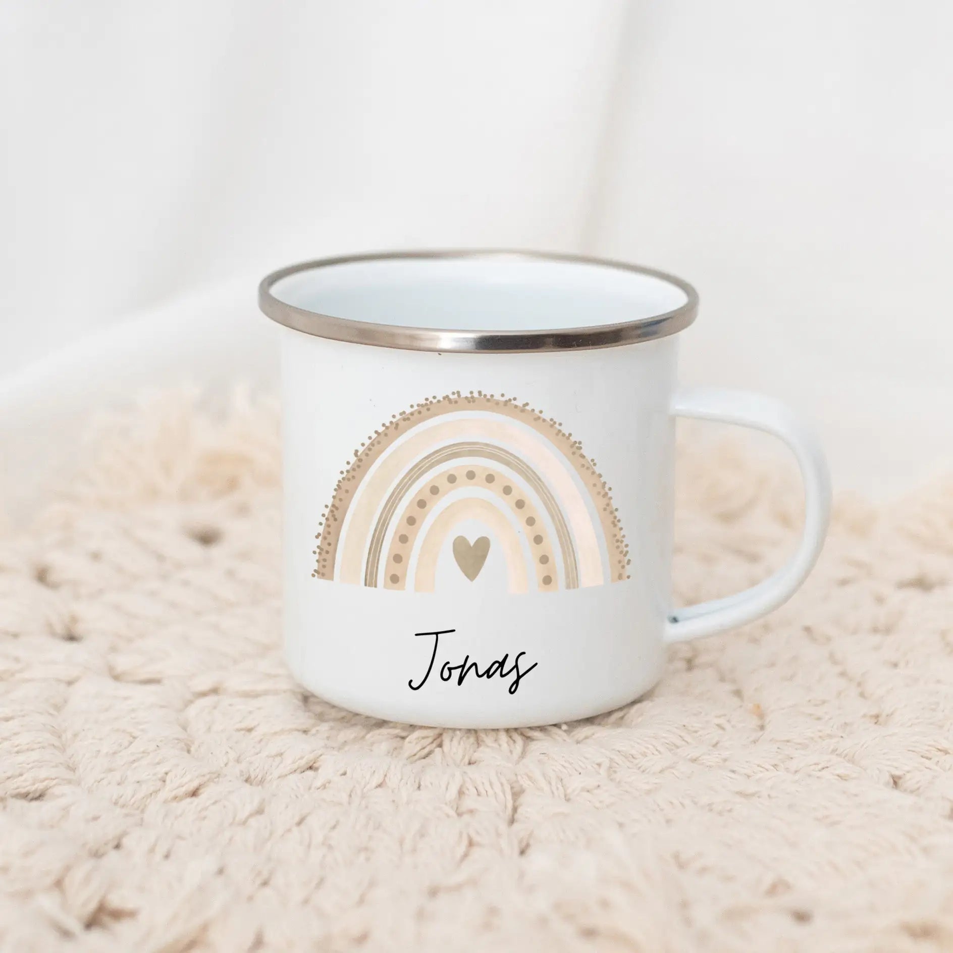 Emaille Kindertasse personalisiert - Regenbogen Punkte Aquarell Tasse -  wunderwunsch