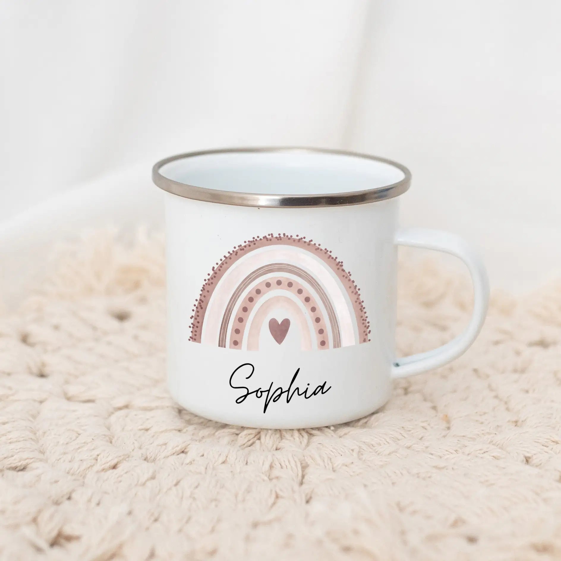 Emaille Kindertasse personalisiert - Regenbogen Punkte Aquarell Tasse -  wunderwunsch
