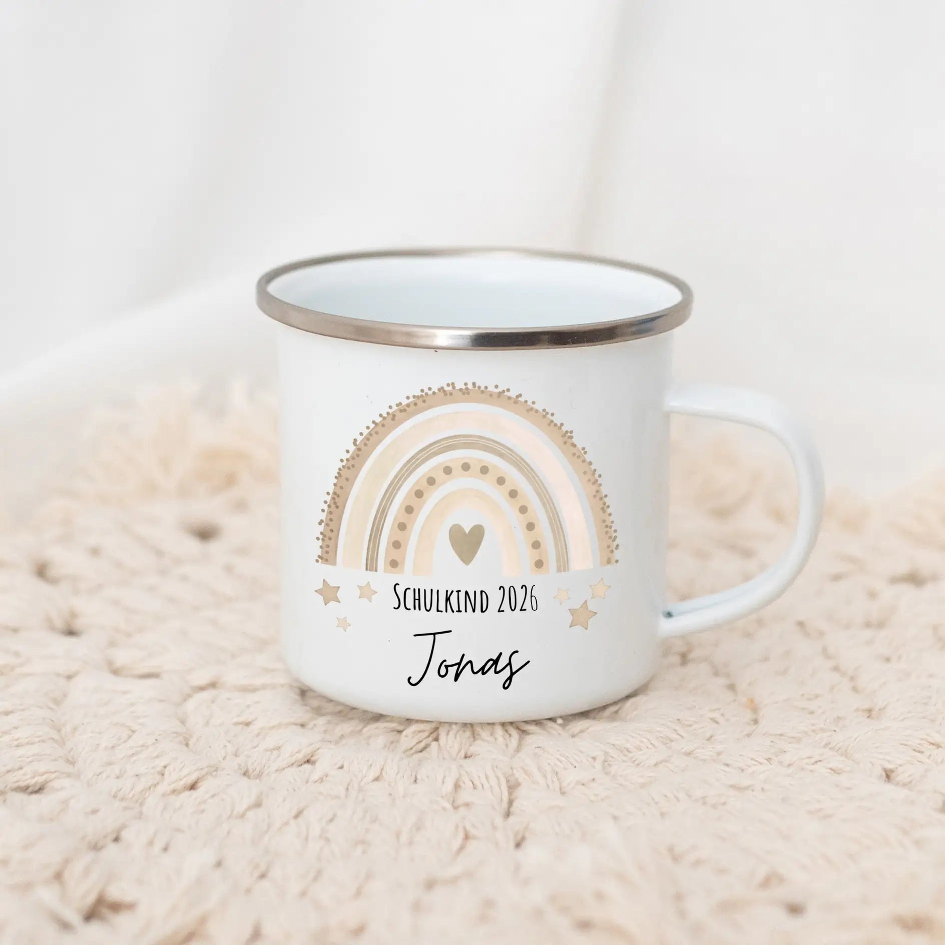 Emaille Kindertasse personalisiert - "Schulkind 2026" Regenbogen Punkte Aquarell Tasse -  wunderwunsch