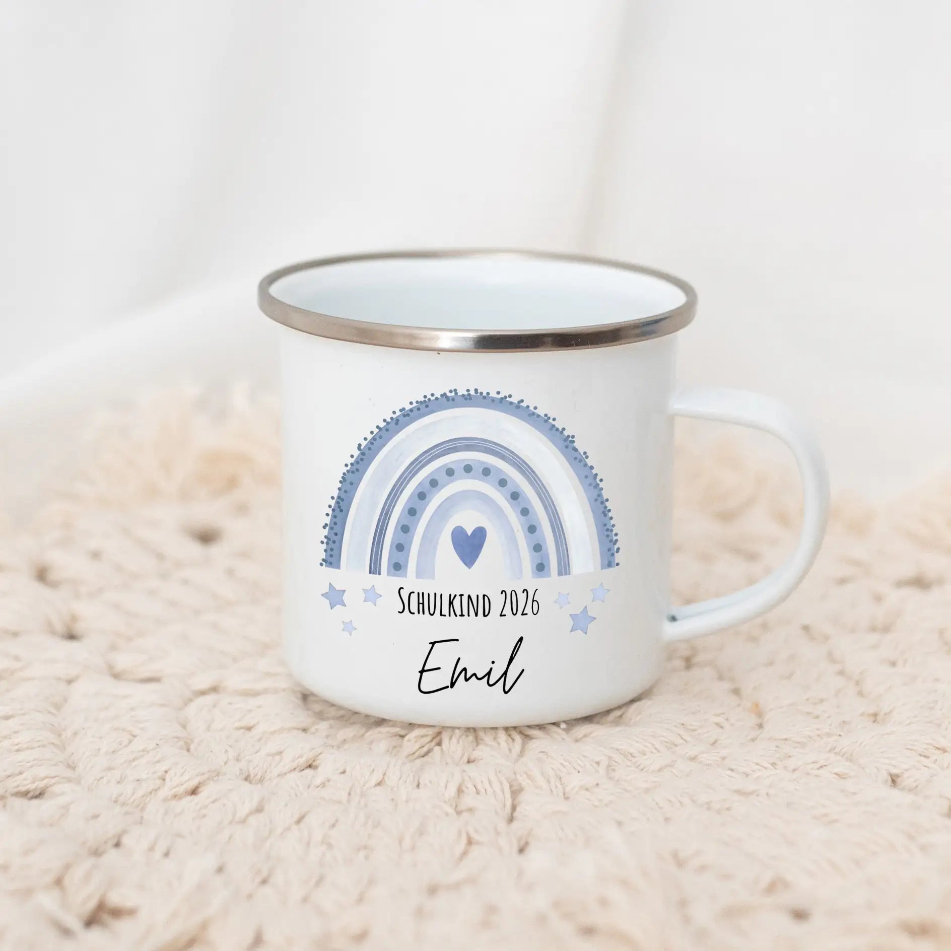Emaille Kindertasse personalisiert - "Schulkind 2026" Regenbogen Punkte Aquarell Tasse -  wunderwunsch