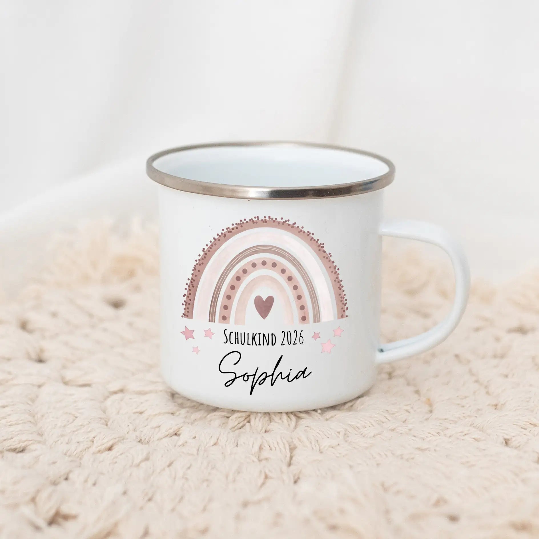 Emaille Kindertasse personalisiert - "Schulkind 2026" Regenbogen Punkte Aquarell Tasse -  wunderwunsch
