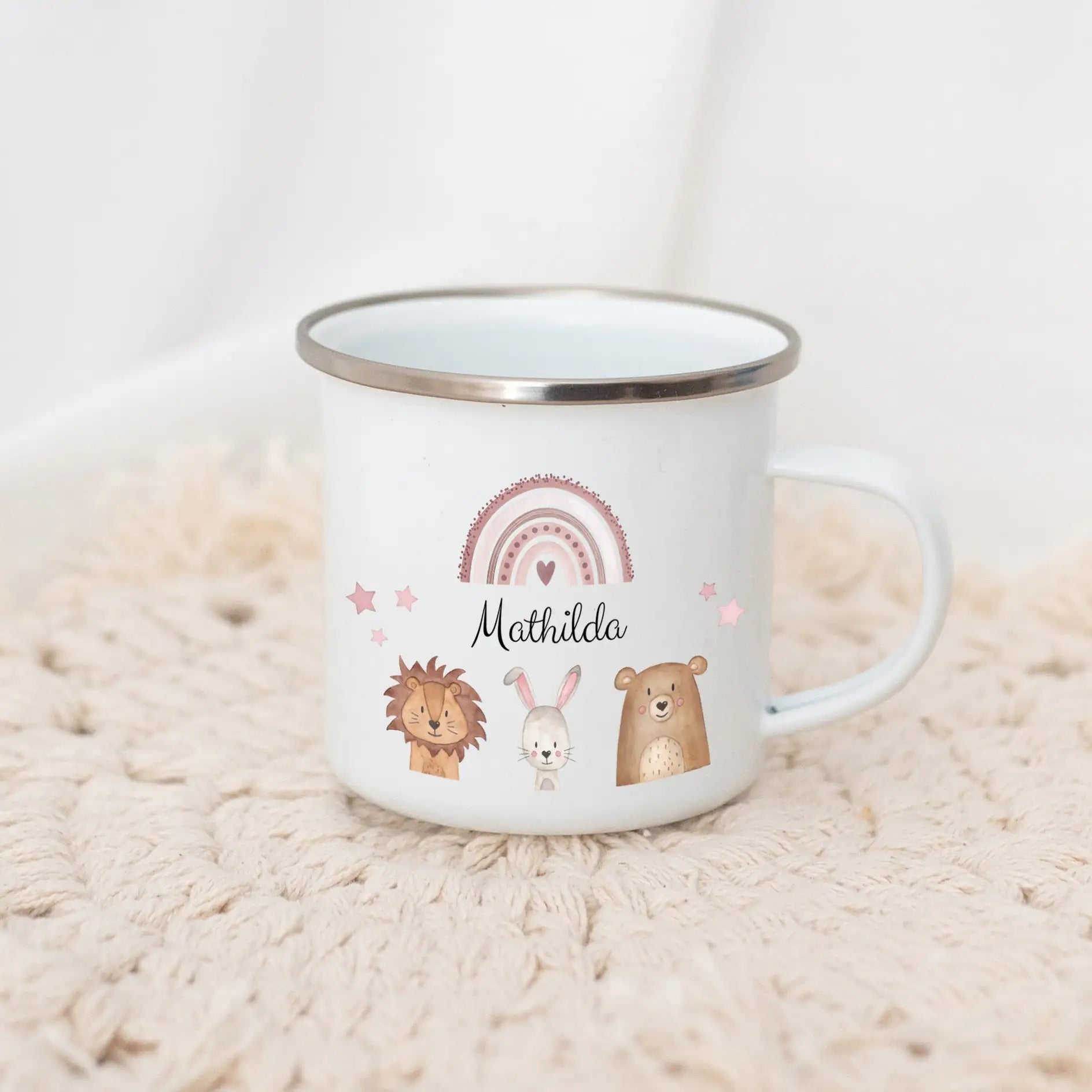 Emaille Kindertasse personalisiert - Tiere Trio Regenbogen Sterne Tasse -  wunderwunsch