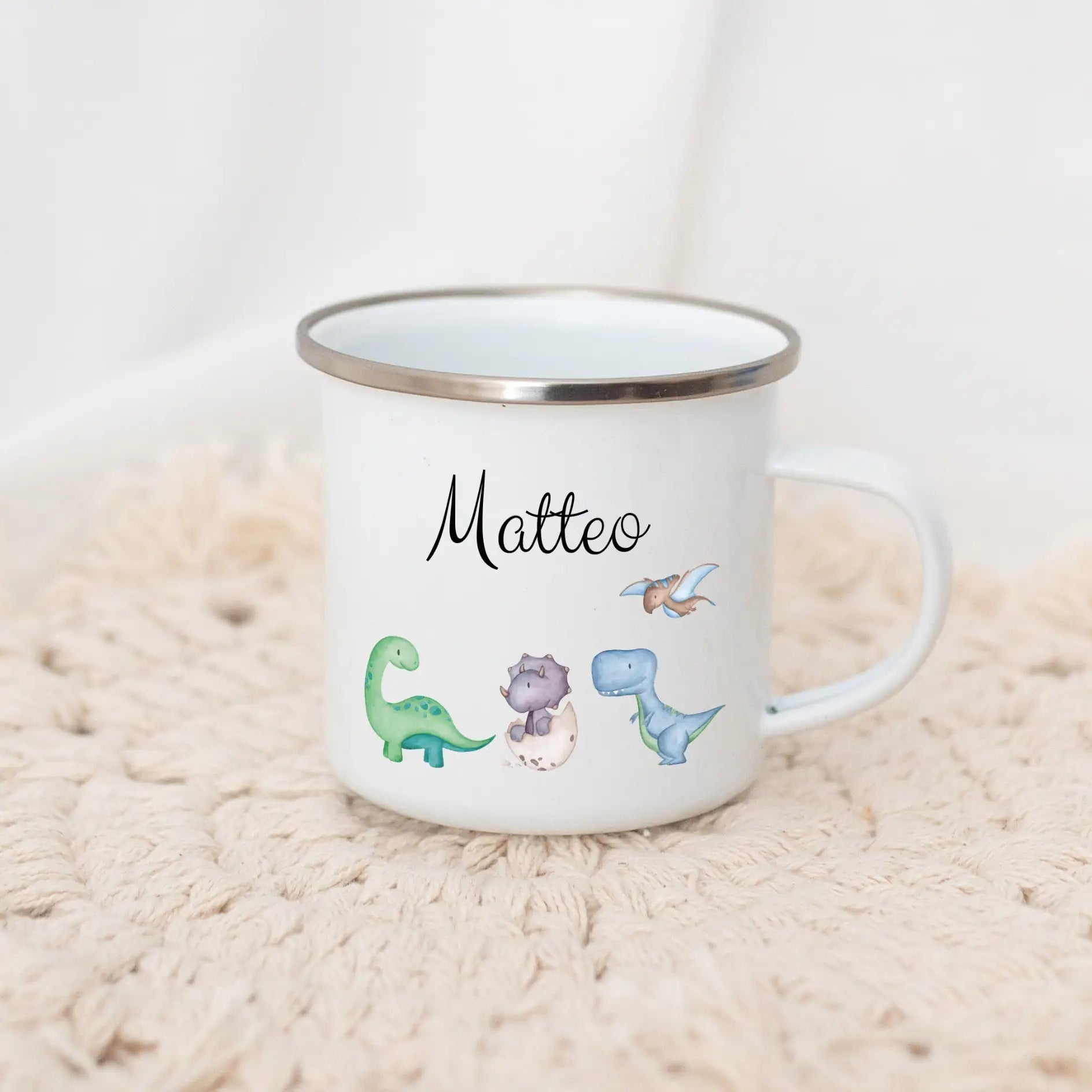 Emaille Kindertasse personalisiert - Tiere oder Dinos unten Aquarell Tasse -  wunderwunsch
