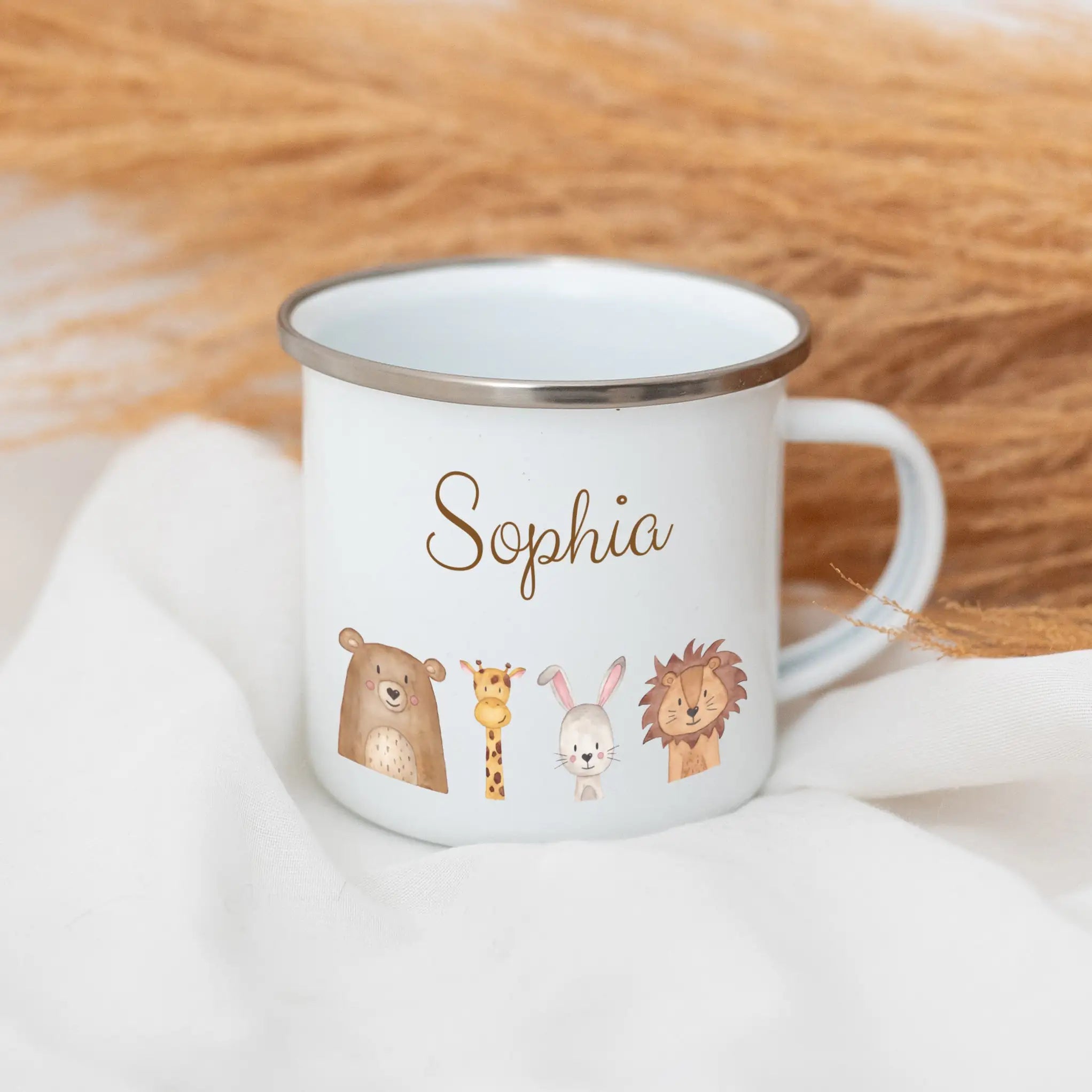 Emaille Kindertasse personalisiert - Tiere oder Dinos unten Aquarell Tasse -  wunderwunsch