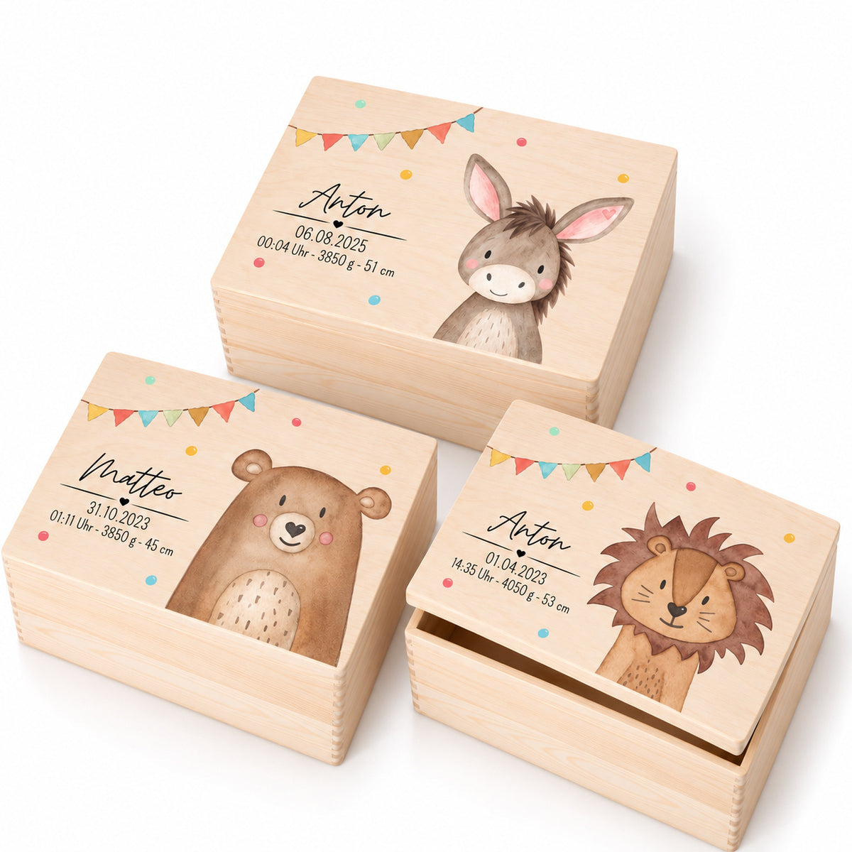 Erinnerungsbox Holz mit Wunschdaten – Tier Girlande Aquarell