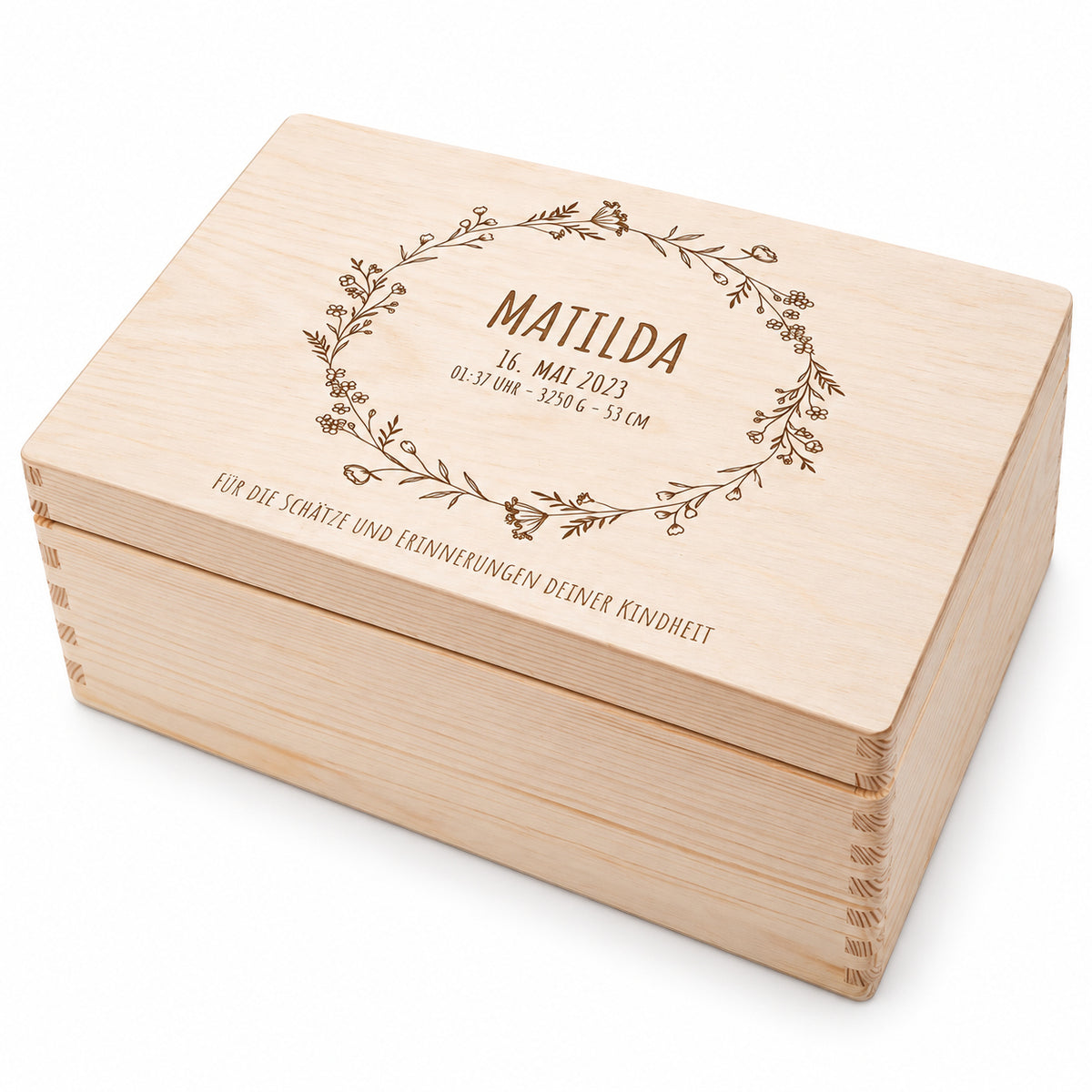 Erinnerungsbox Holz "Kindheitserinnerungen" mit Wunschdaten – Blumenkranz