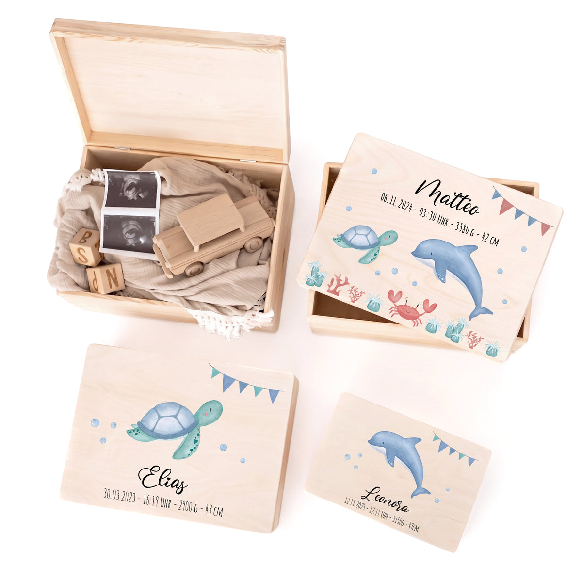 Erinnerungsbox Holz mit Wunschdaten – Meerestier Girlande Aquarell