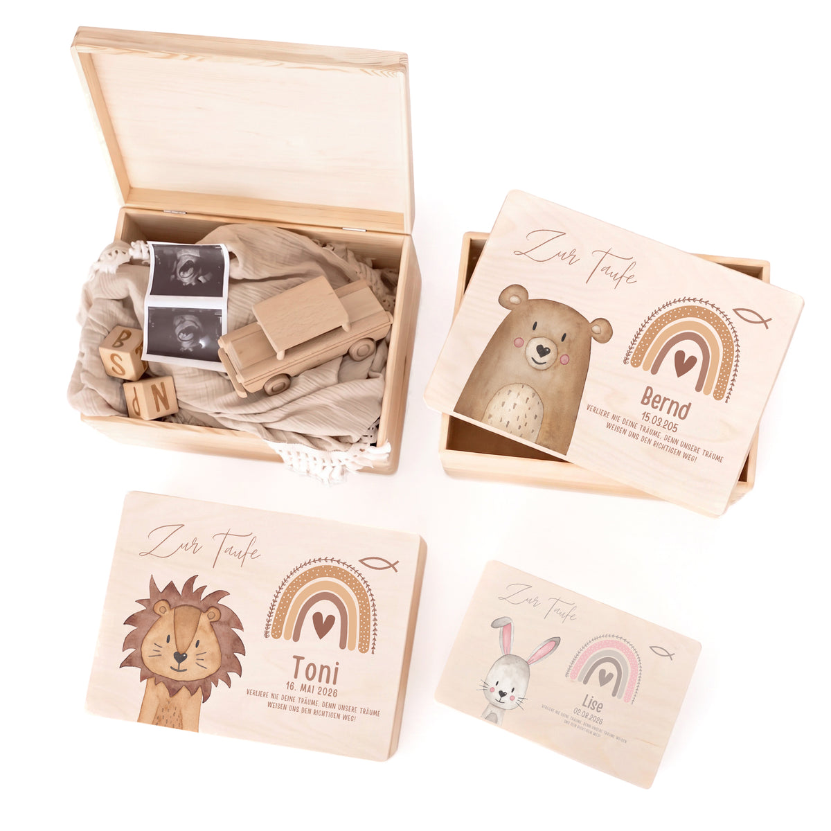 Erinnerungsbox Holz mit Wunschdaten – Taufe Tier Aquarell