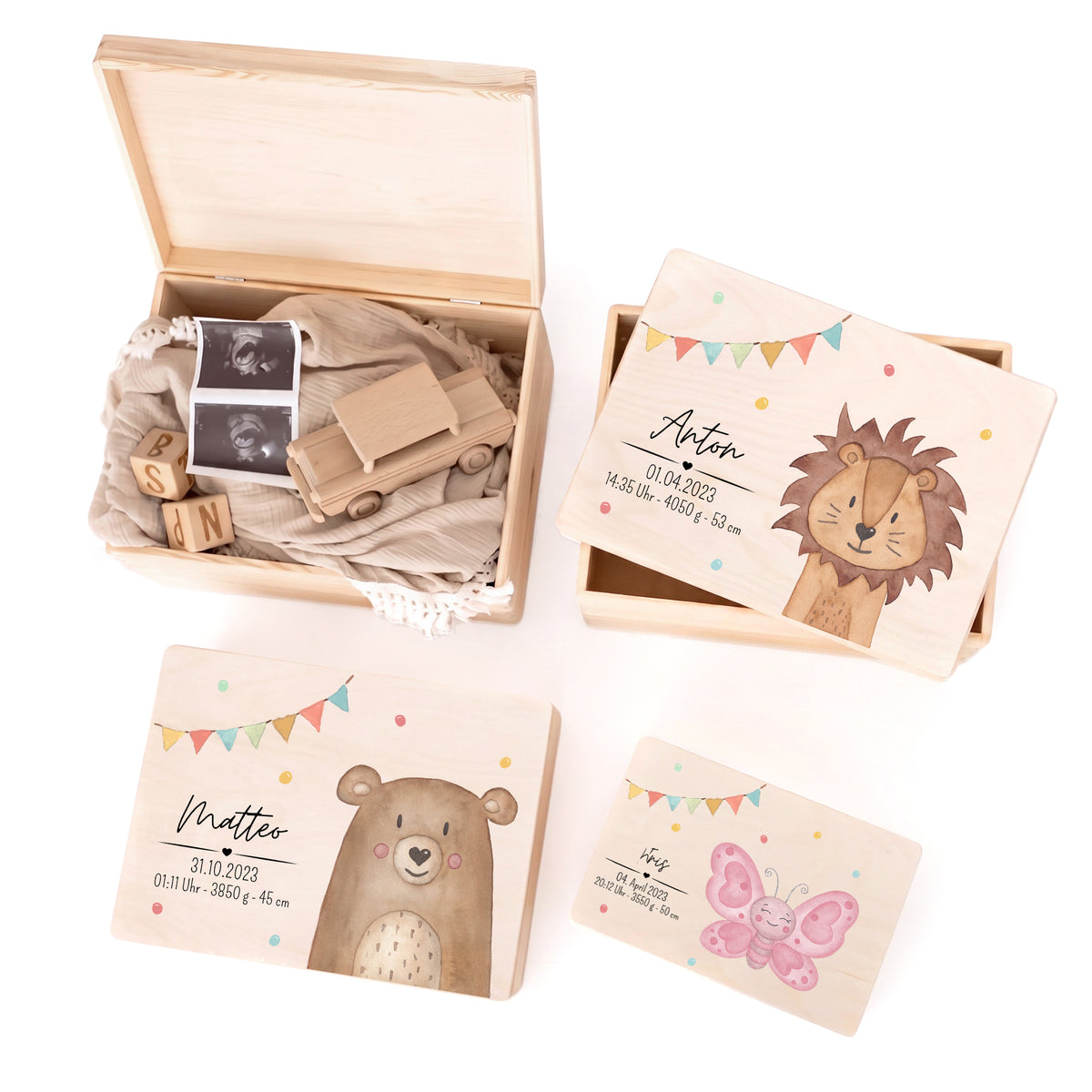 Erinnerungsbox Holz mit Wunschdaten – Tier Girlande Aquarell
