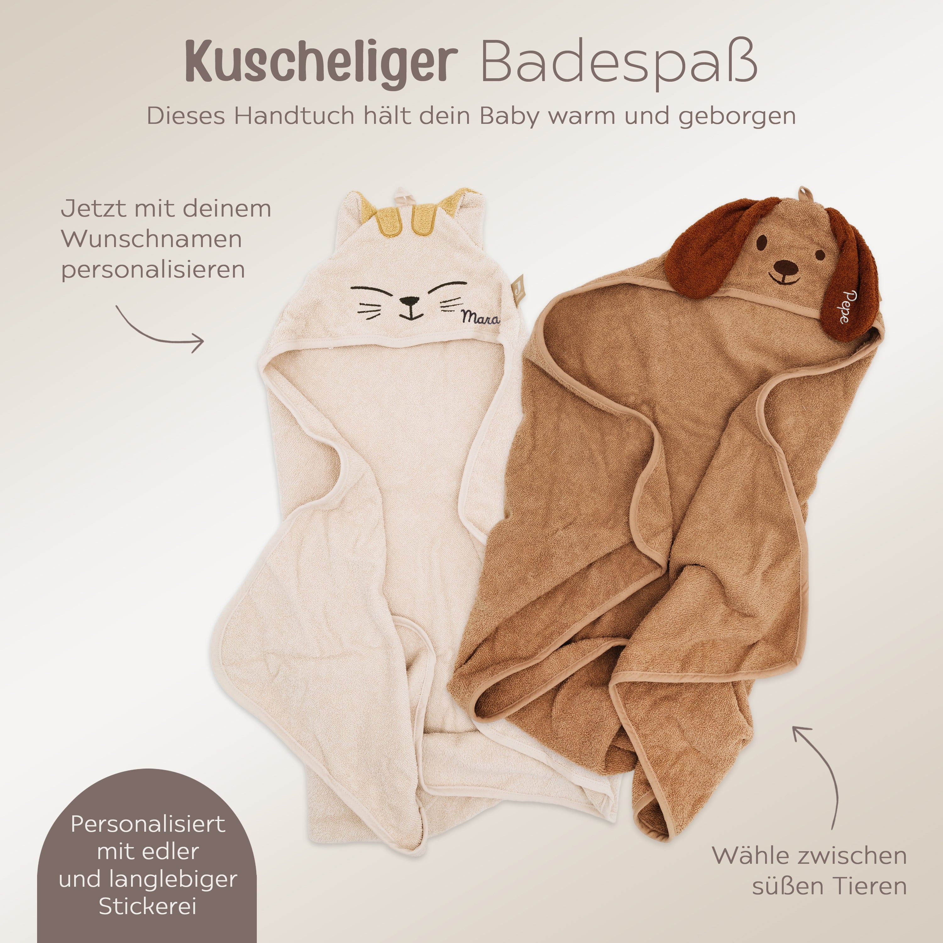 JOLLEIN Kapuzenhandtuch Katze oder Hund personalisiert