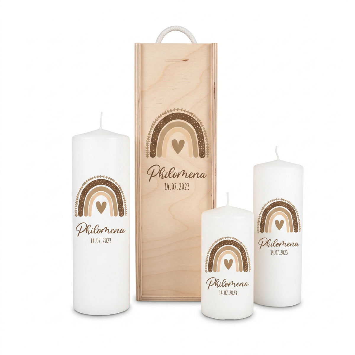Geburtskerze personalisiert - Regenbogen Boho beige Aquarell
