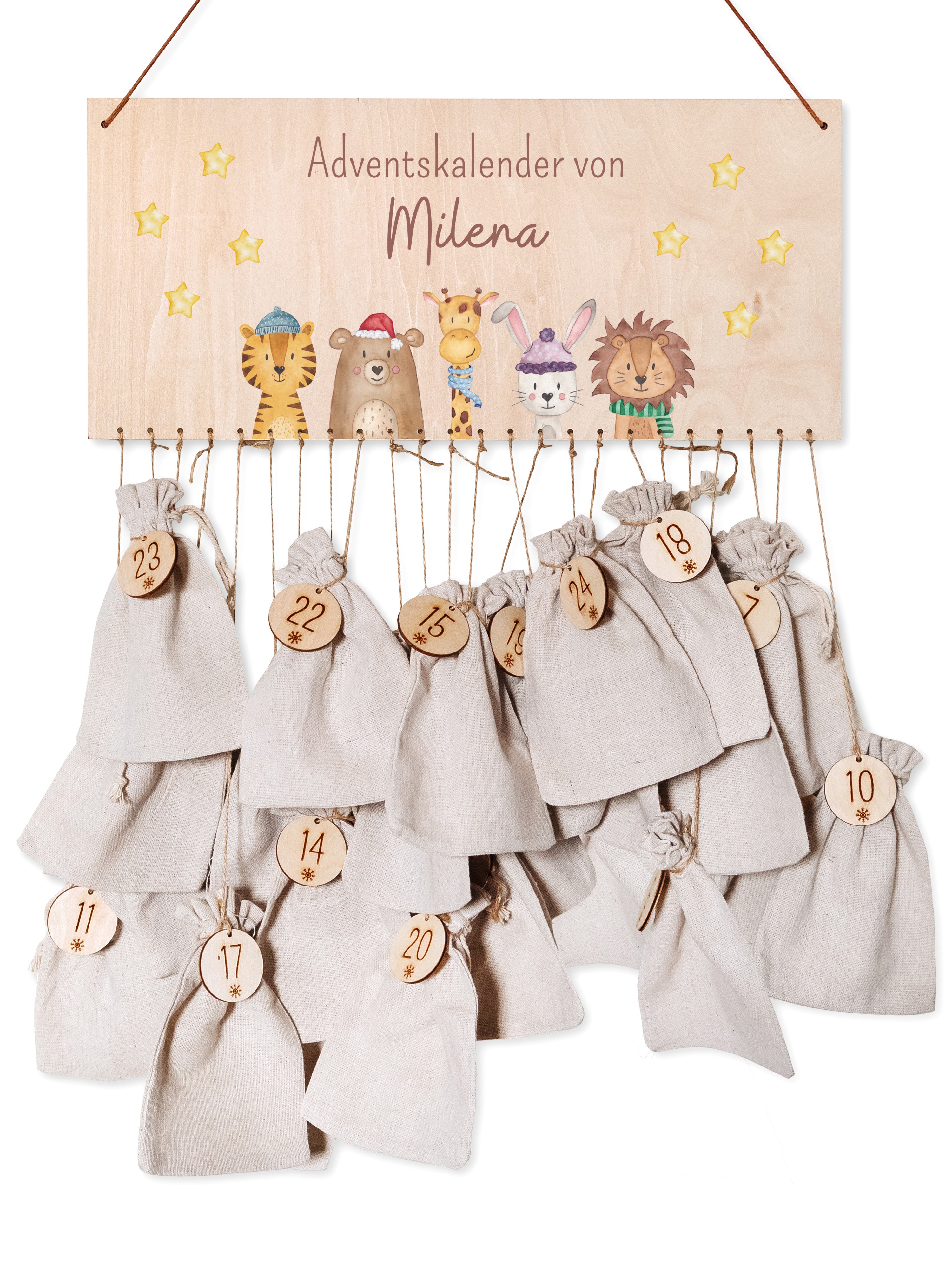 Adventskalender personalisiert -  "Weihnachtstiere unten Sterne" Aquarell