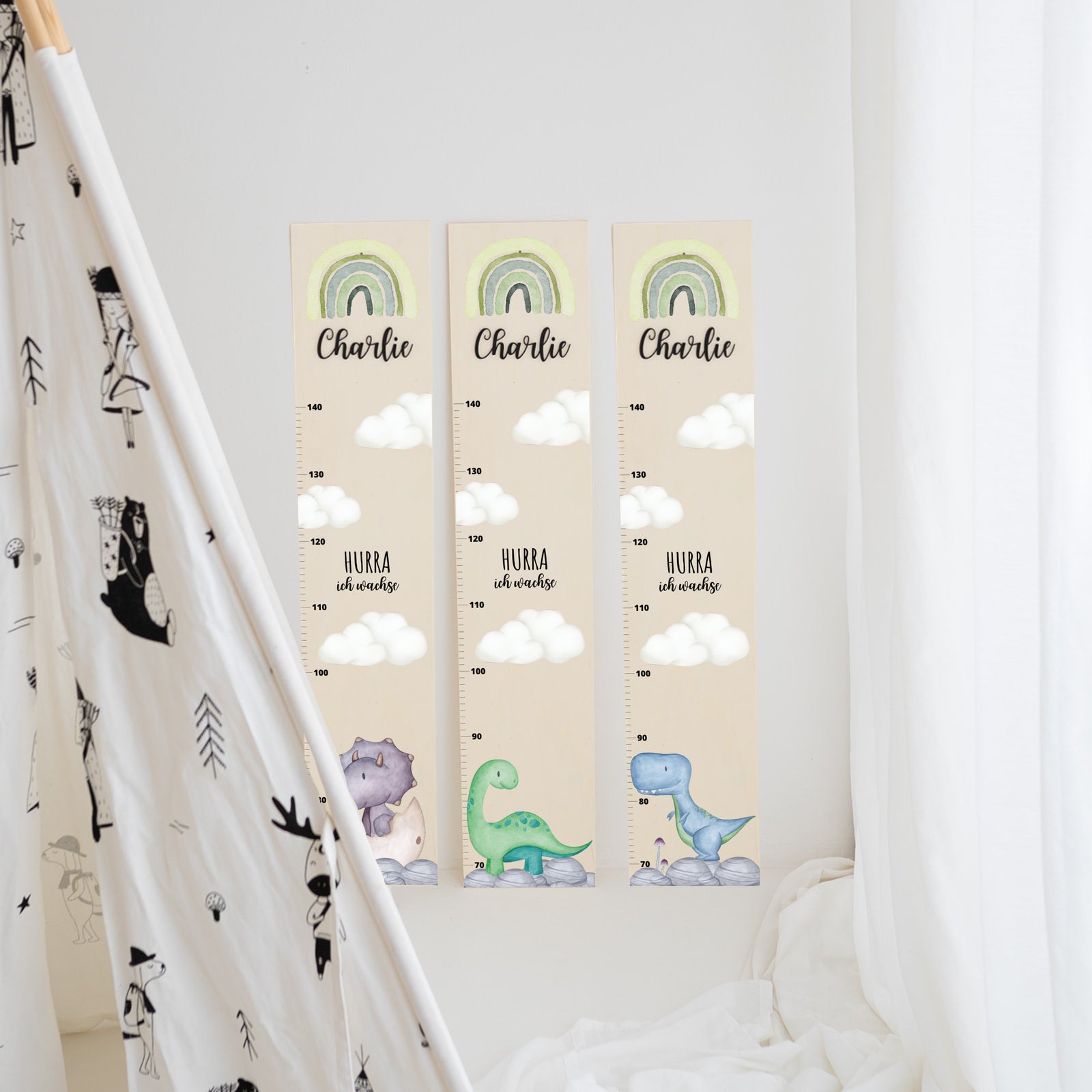 Kindermesslatte Holz personalisiert - Dinosaurier Aquarell
