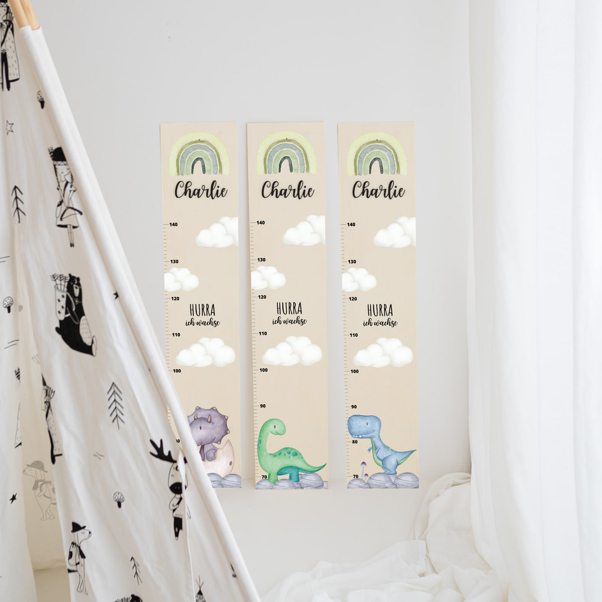 Kindermesslatte Holz personalisiert - Dinosaurier Aquarell