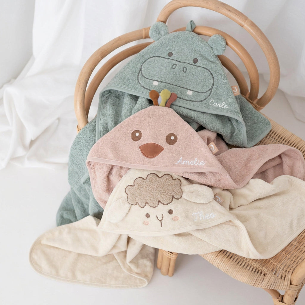JOLLEIN Baby Kapuzenhandtuch Frottee personalisiert - Hippo, Schaf, Strauß