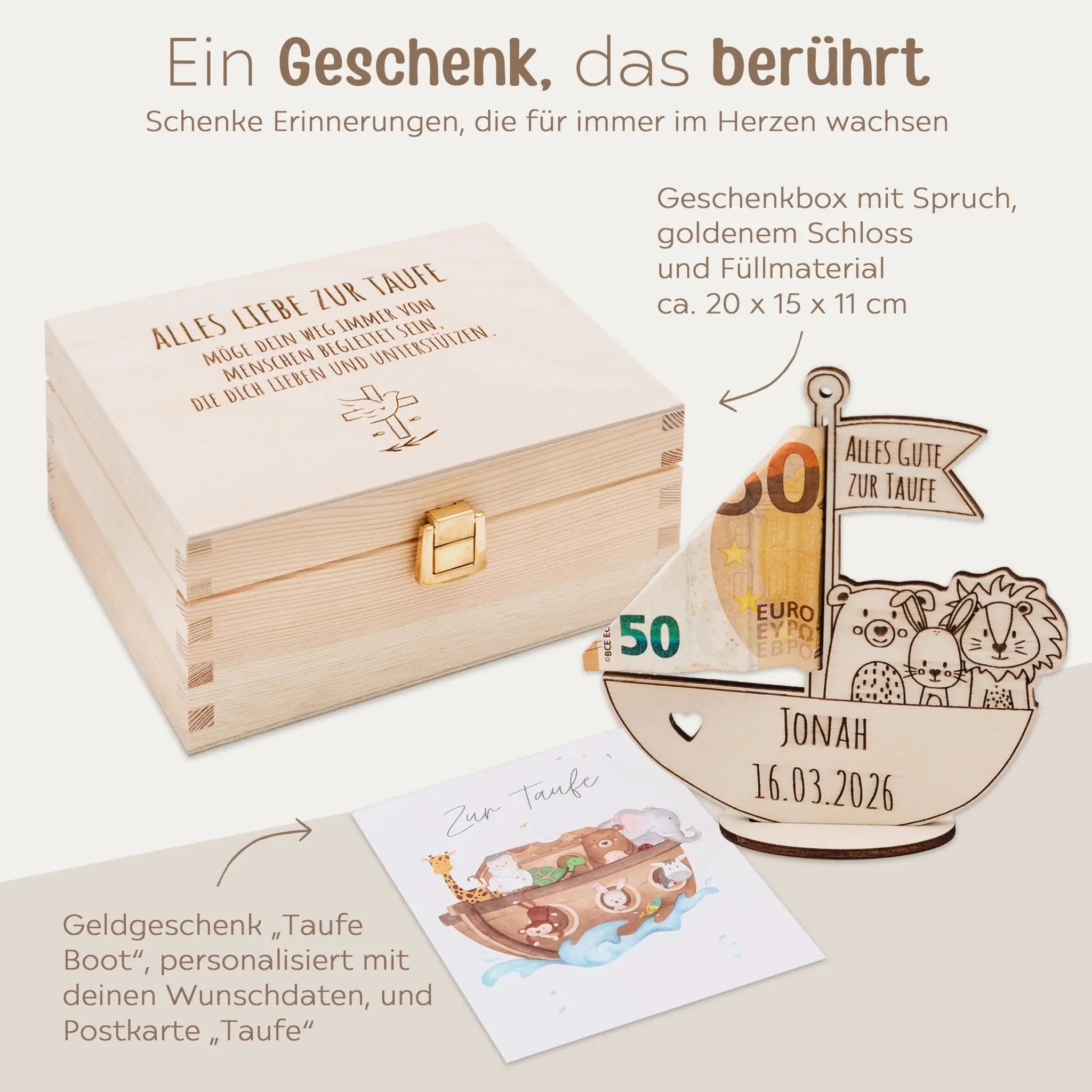 Geschenkbox Taufe - Arche Noah Geldgeschenk + Postkarte  -  wunderwunsch